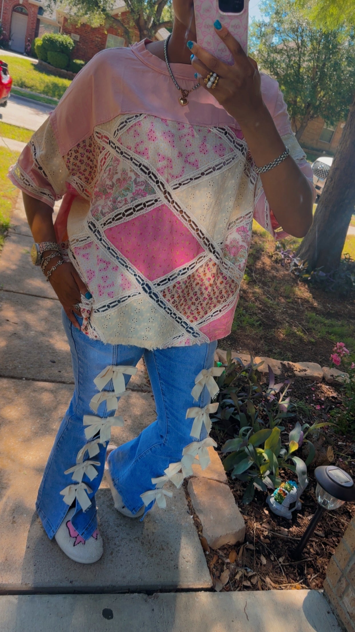 Pink Patchwork Diamond Lace Box Tee