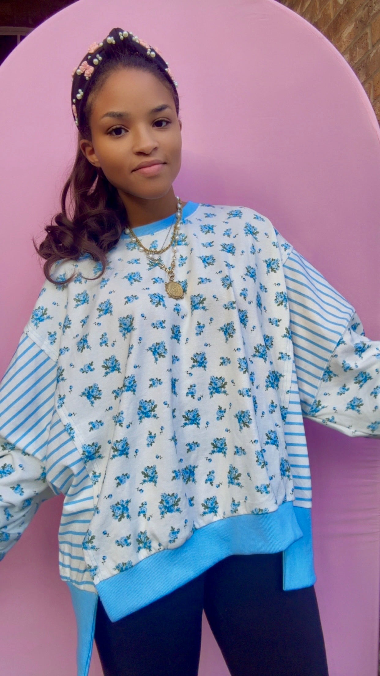 Blue Floral and Stripe Mixed French Terry Oversized Top – Pink Bow