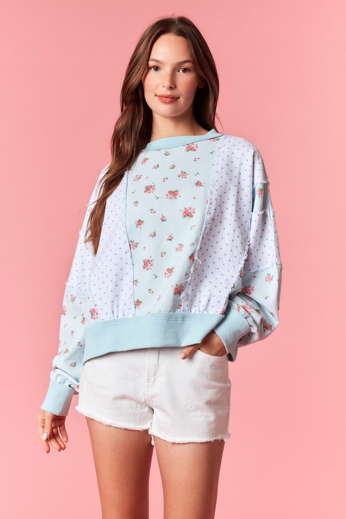Pastel Ditsy Floral & Polka Dot Colorblock Batwing Sweatshirt