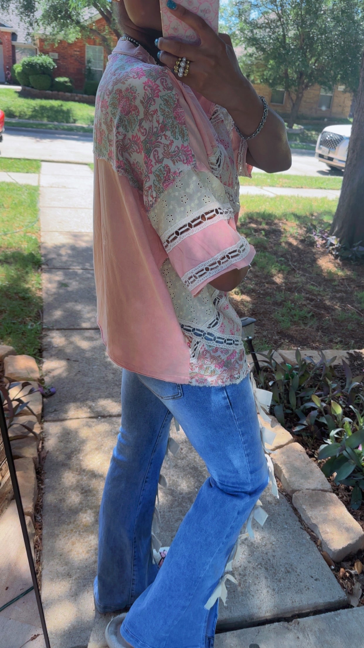 Pink Patchwork Diamond Lace Box Tee