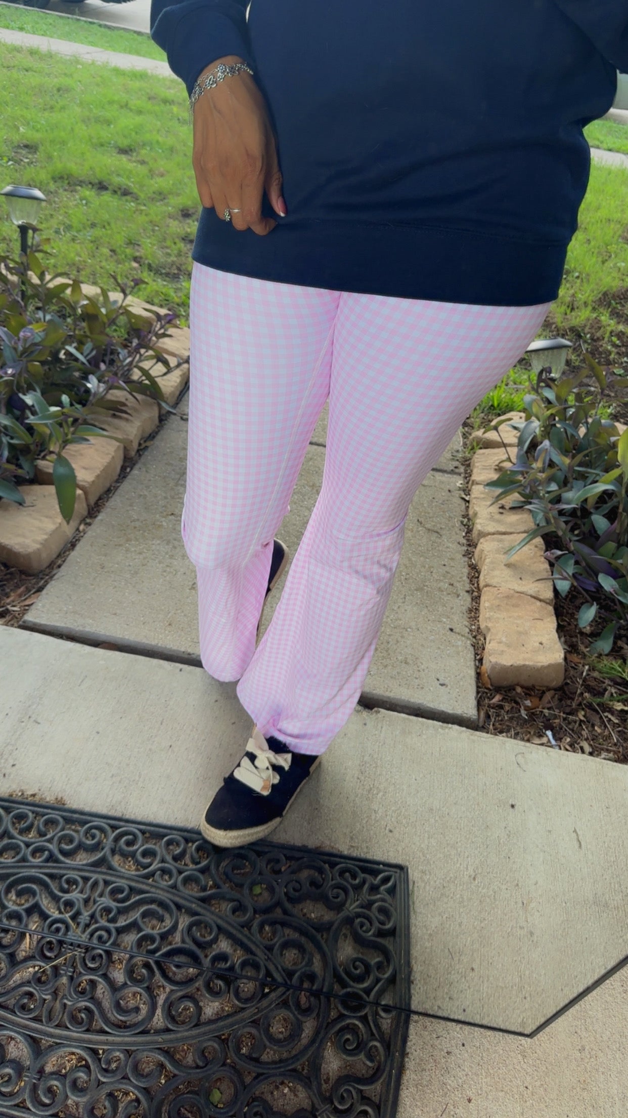 Pink Gingham High Waisted Crossover Flare Leggings