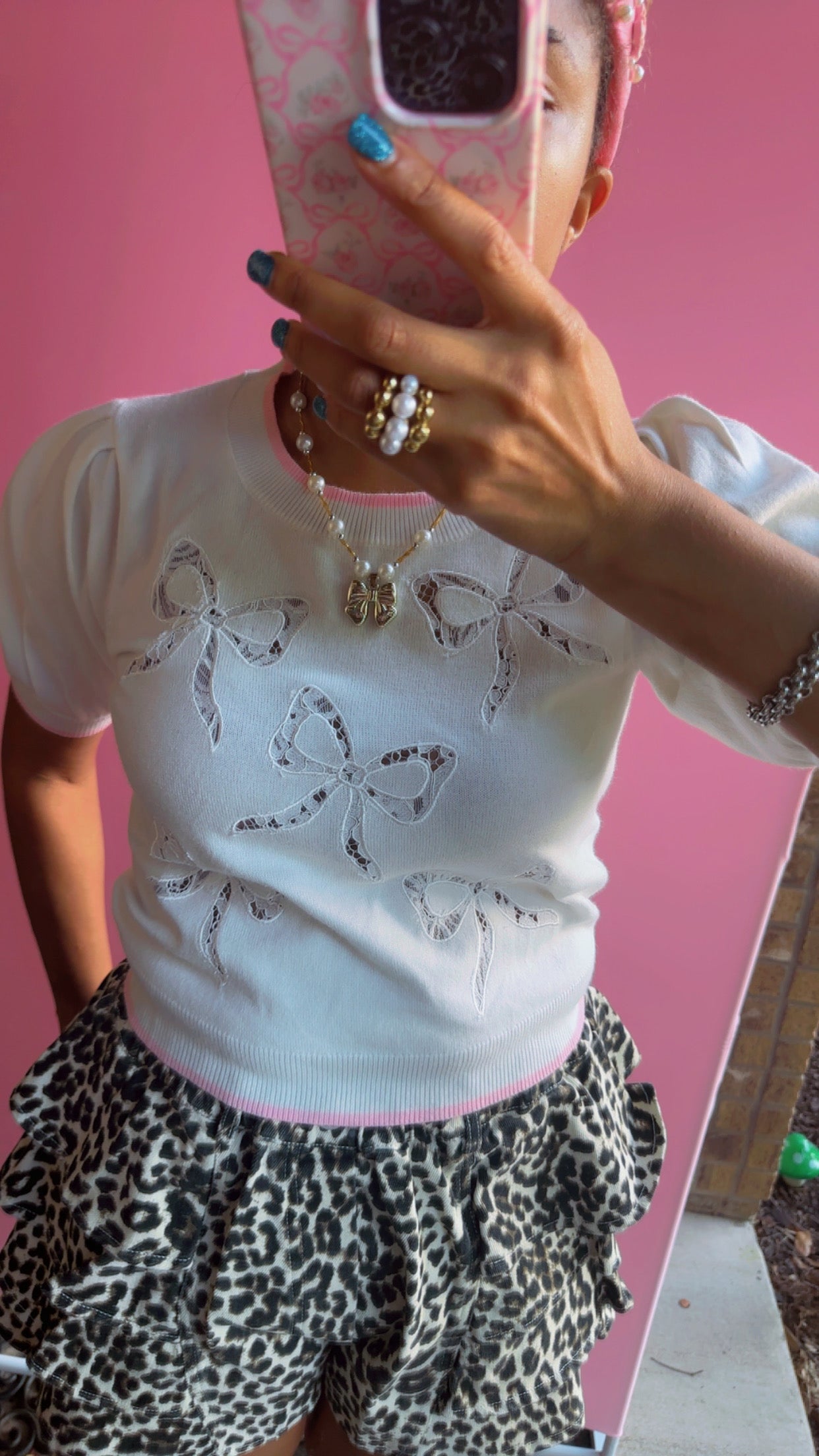 Bow Lace Laser Cut Embroidery Detail Short Sleeve Knit Top