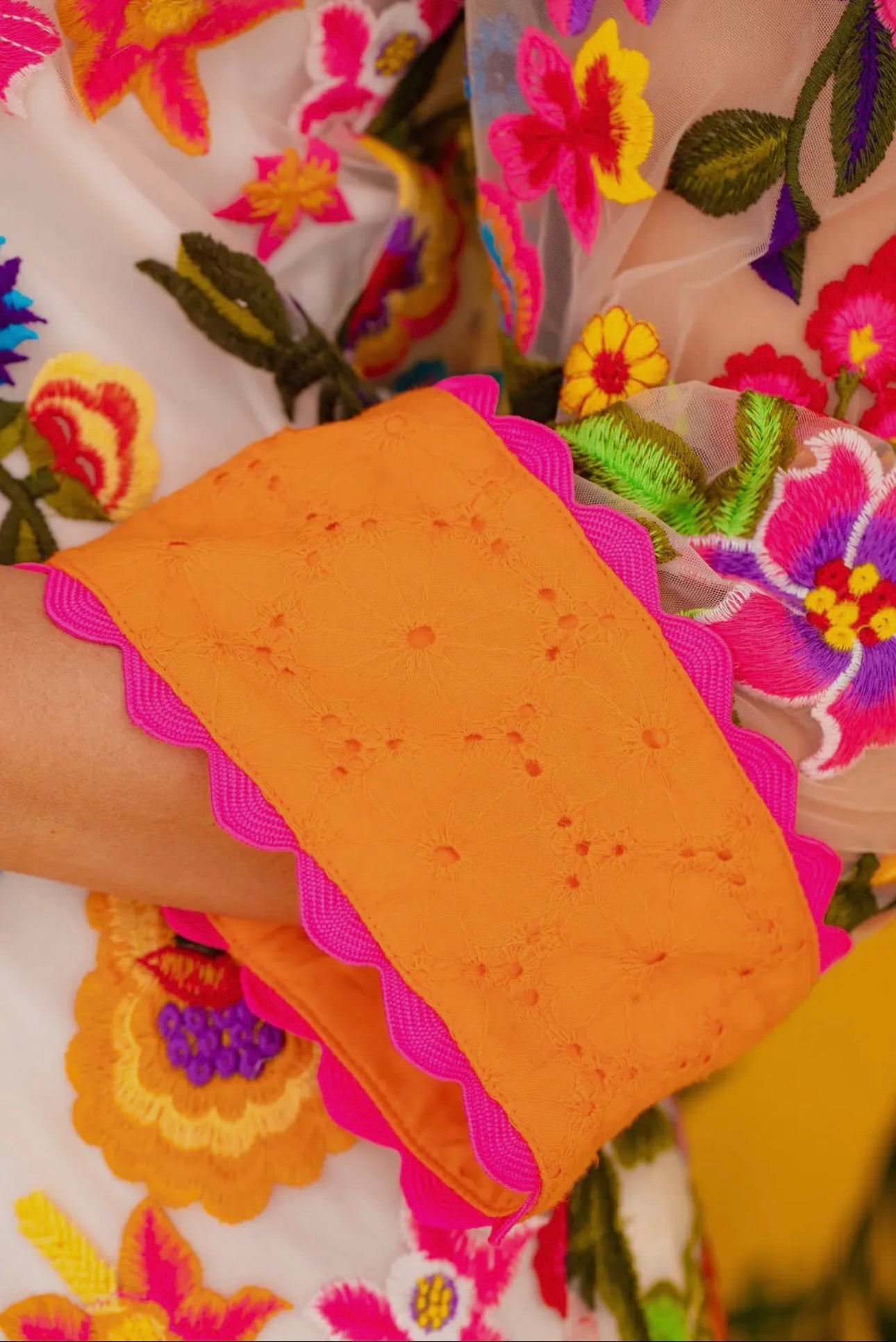 Orange Floral Embroidered Shift Dress