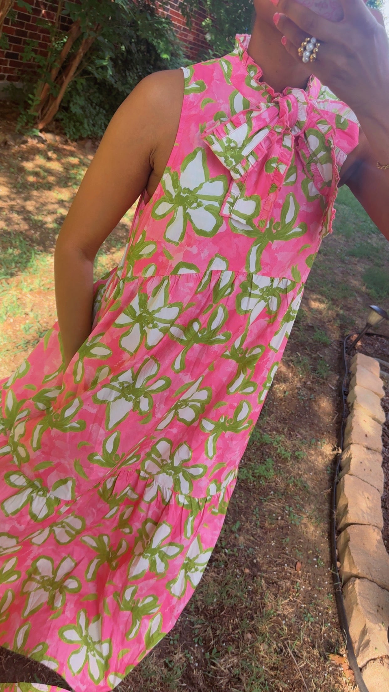 Pink & Green Floral Print Midi Dress Large Bow Detail