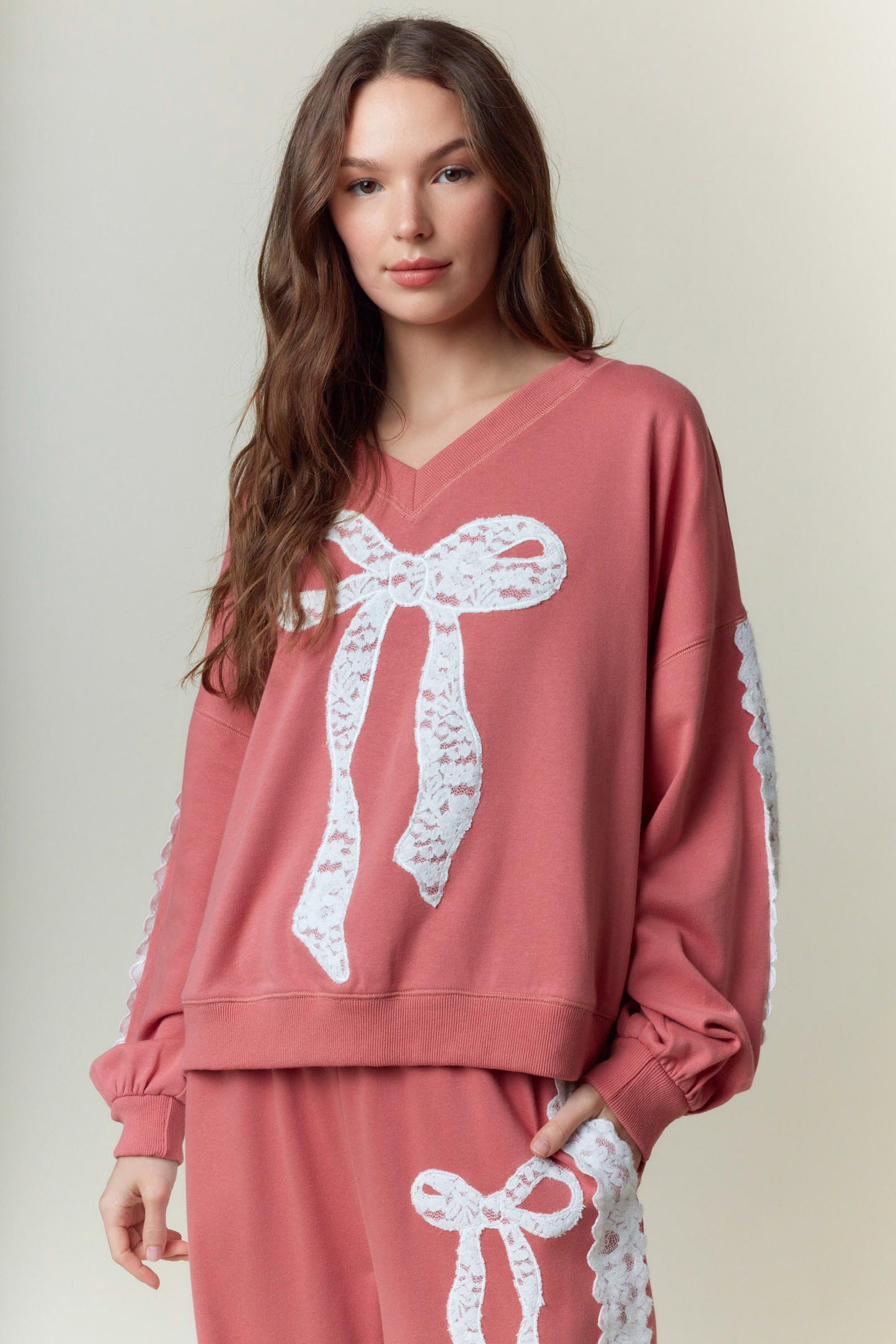 V-Neck Bow Lace Laser Cut Embroidery Detail Set
