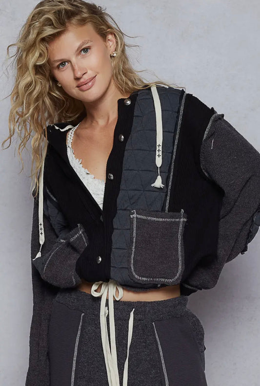 POL Charcoal Quilted Fabric Block Jacket