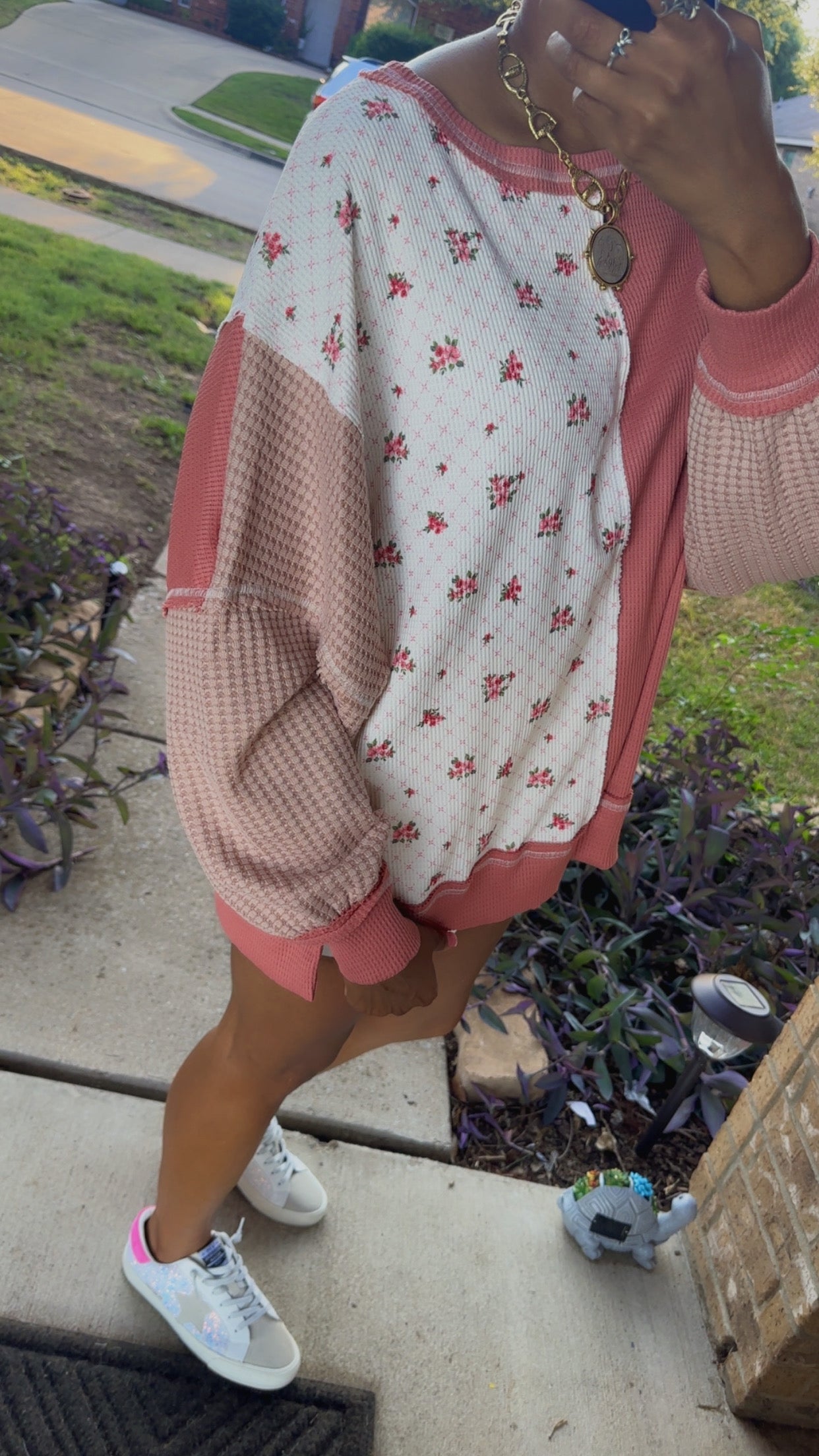 Dusty Rose Floral Patchwork Colorblock Sweatshirt