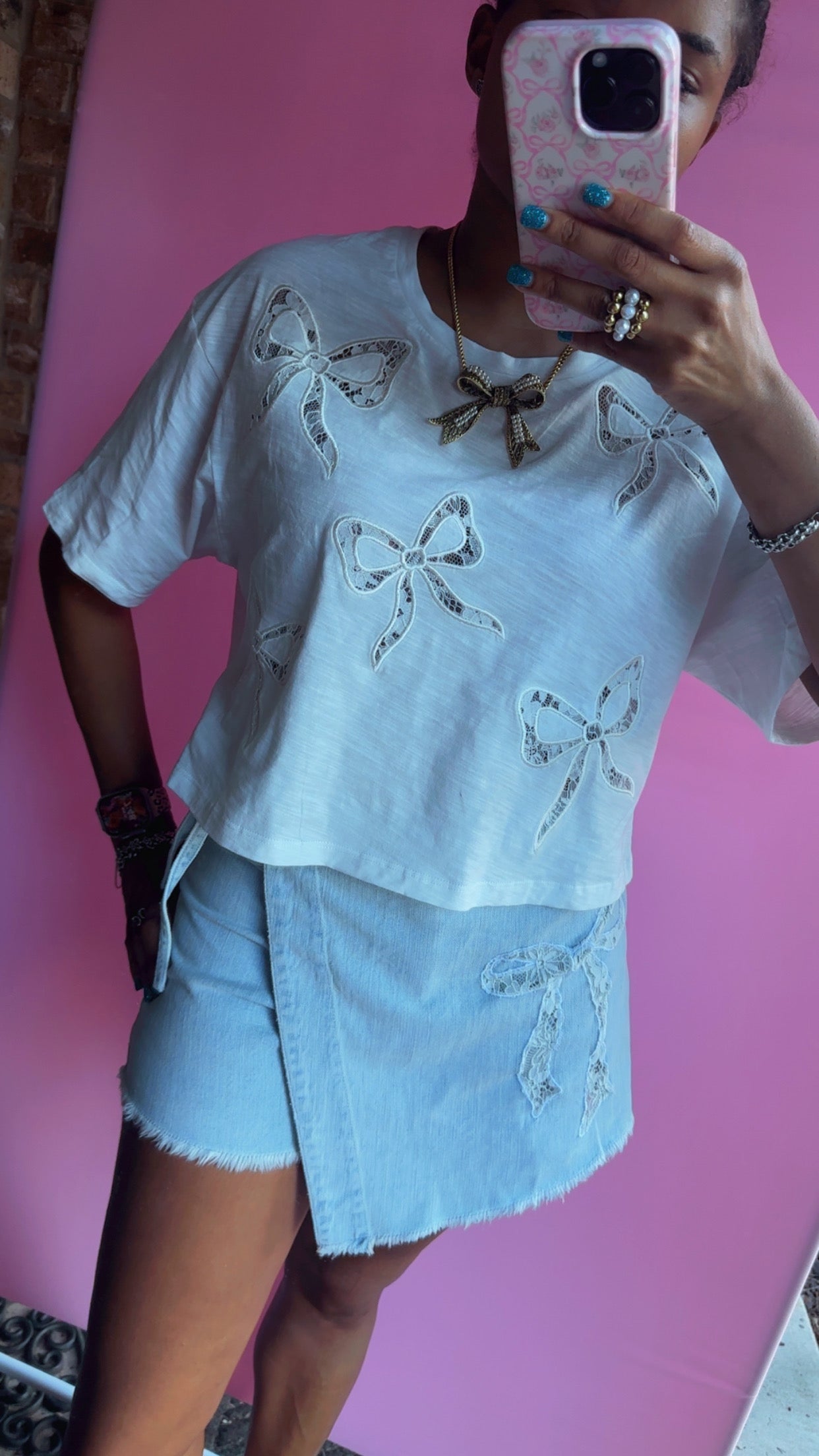 Bow Lace Laser Cut Embroidery Detail Short Sleeve Crop Tee