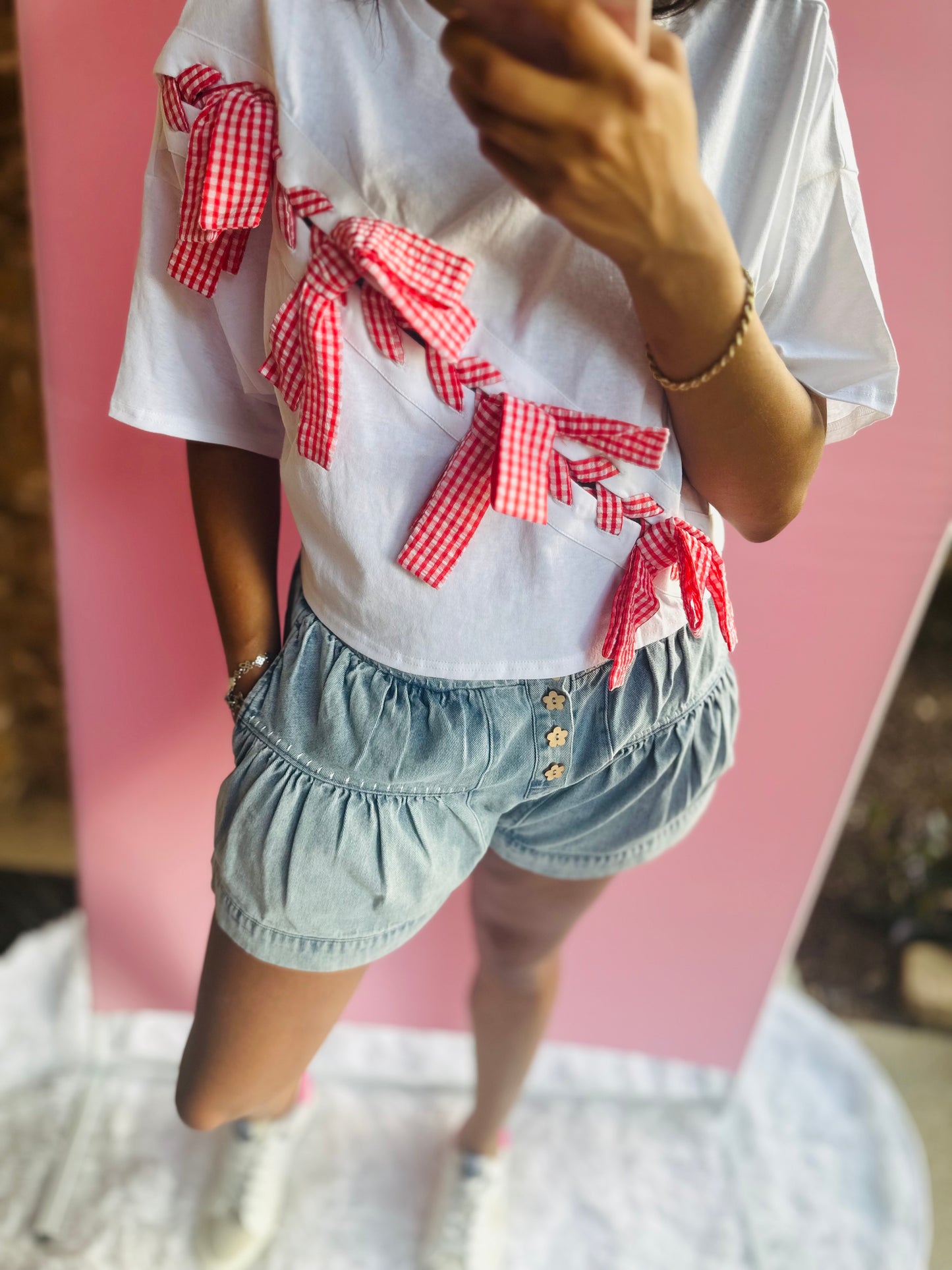 Lace Up Red Gingham Ribbon Top