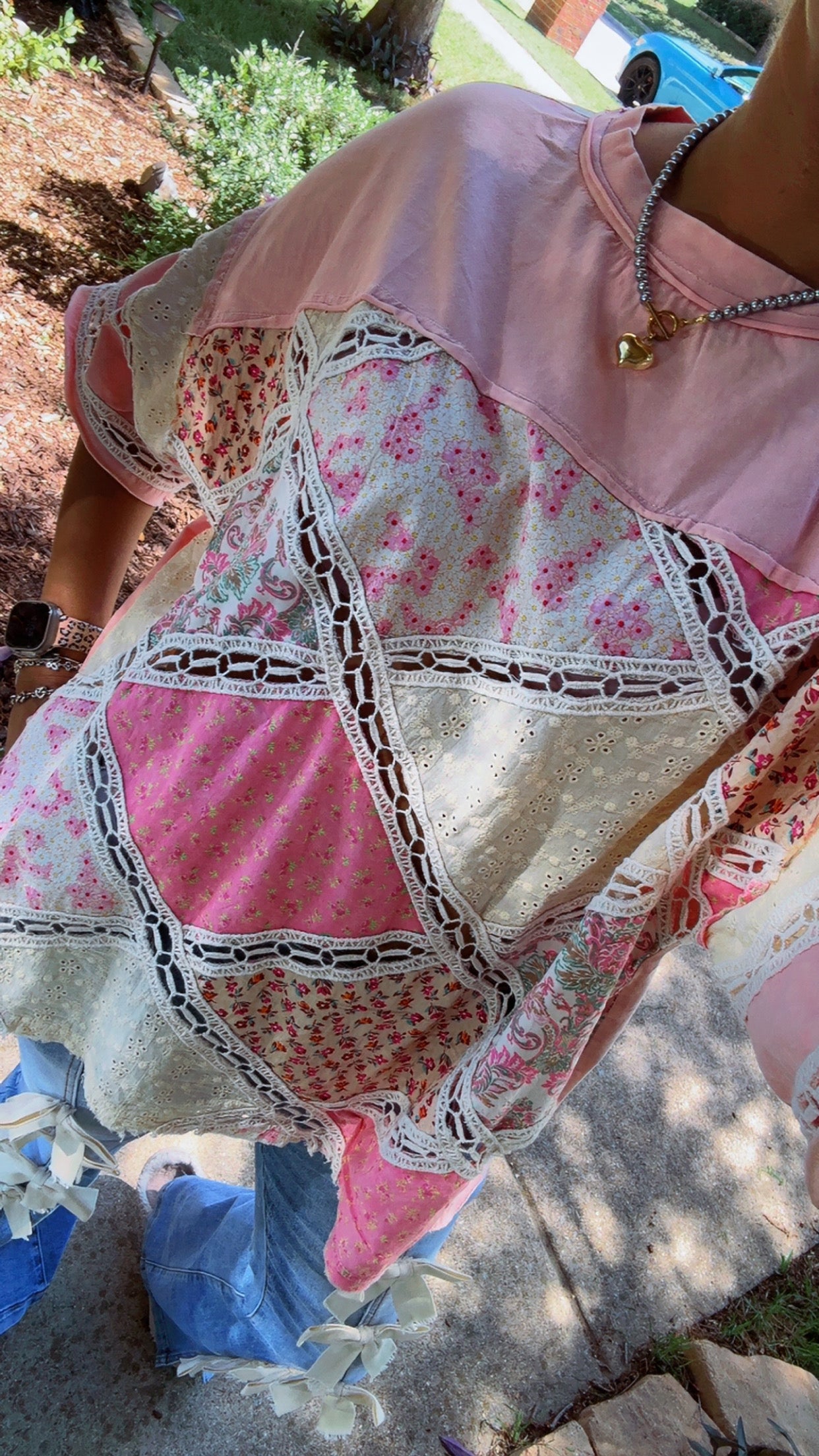 Pink Patchwork Diamond Lace Box Tee