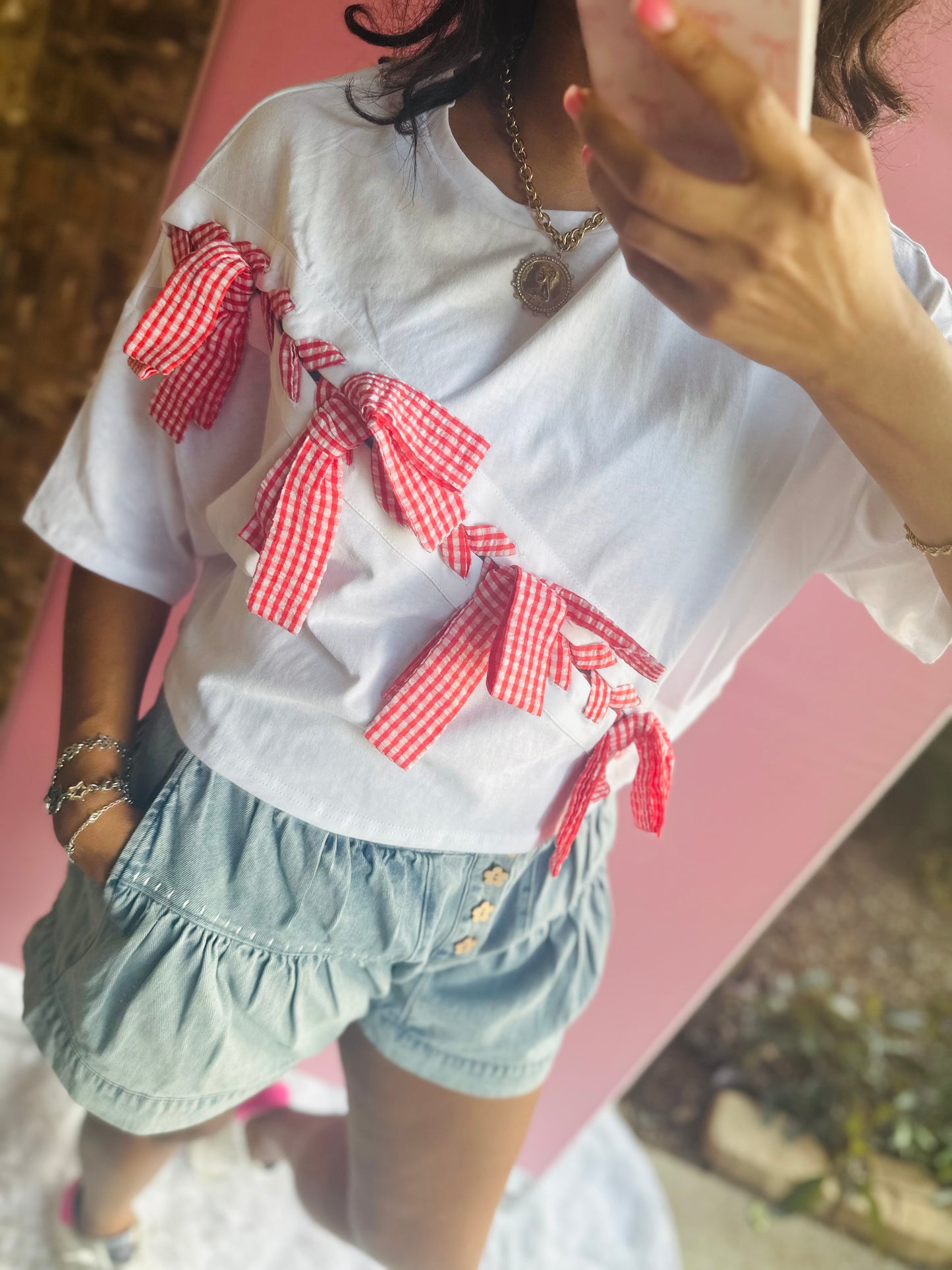 Lace Up Red Gingham Ribbon Top