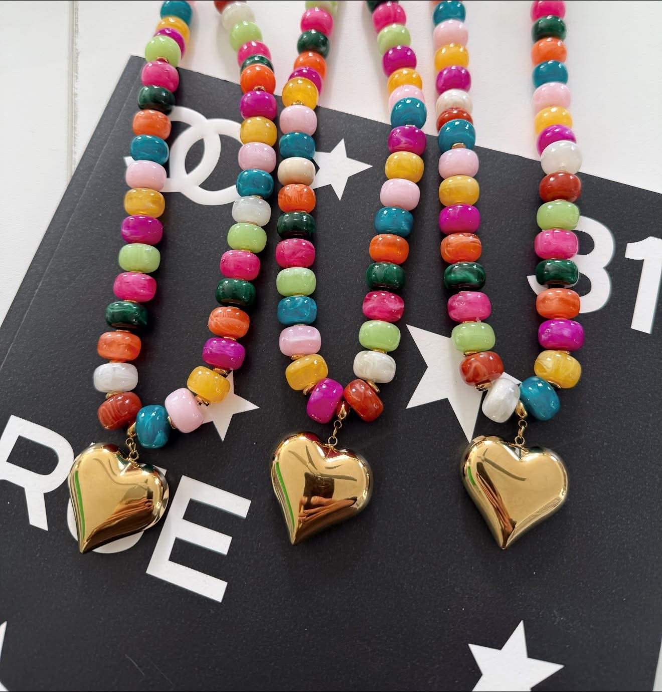 Gold Heart Resin Bead Colorful Necklace 16-19 inches adjustable