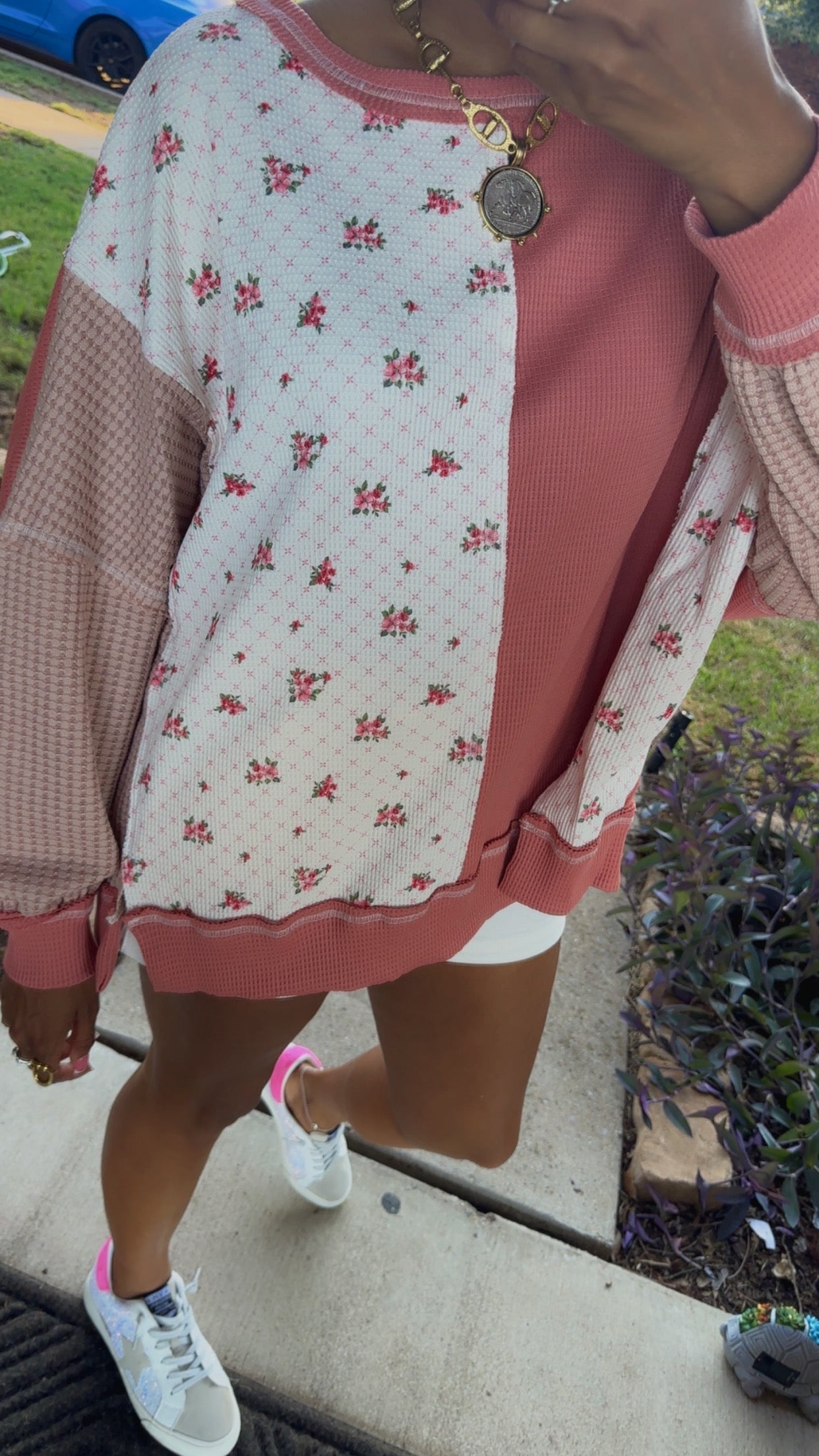 Dusty Rose Floral Patchwork Colorblock Sweatshirt