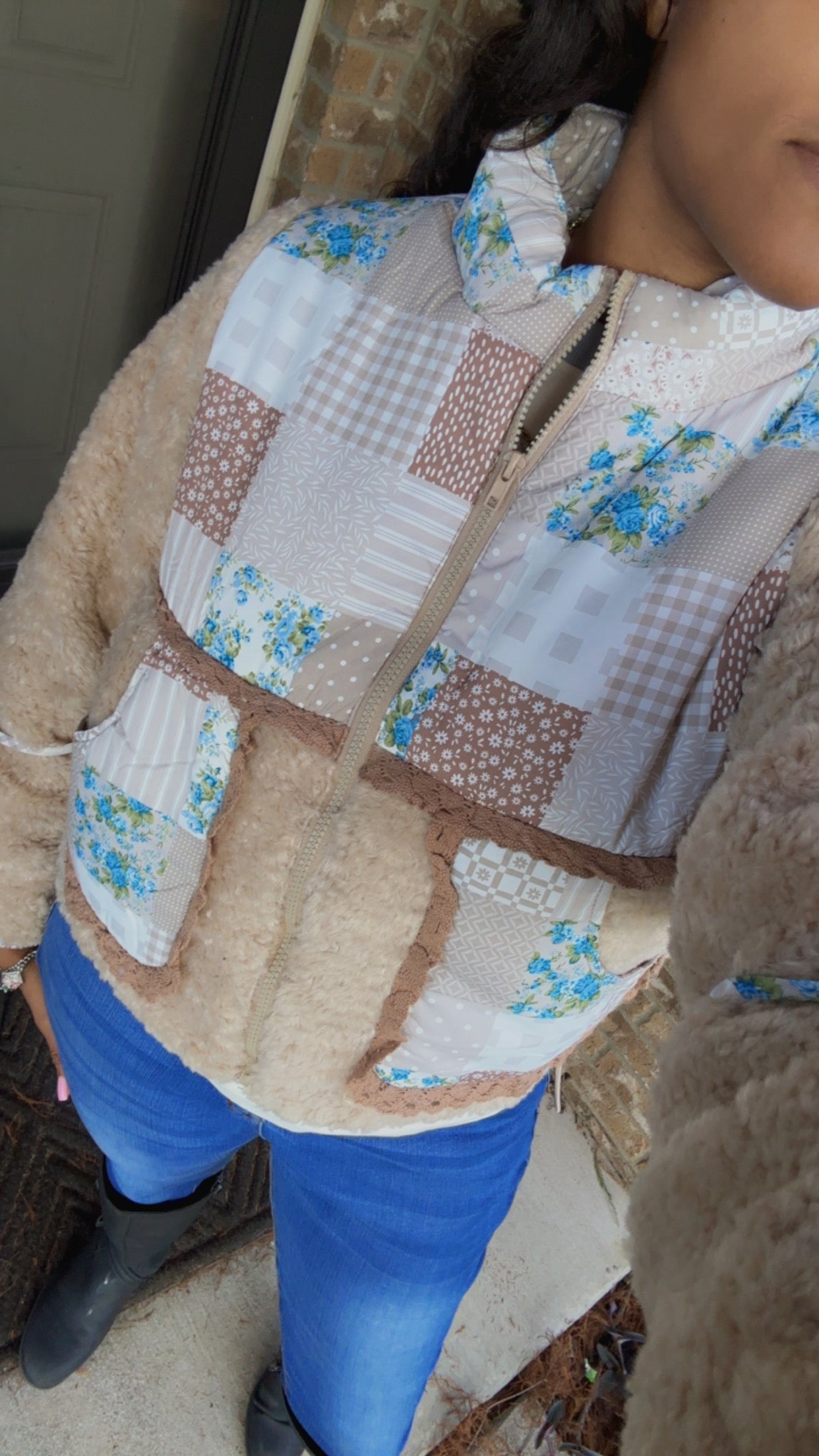 Boho Patchwork Sherpa Zip-Up Jacket