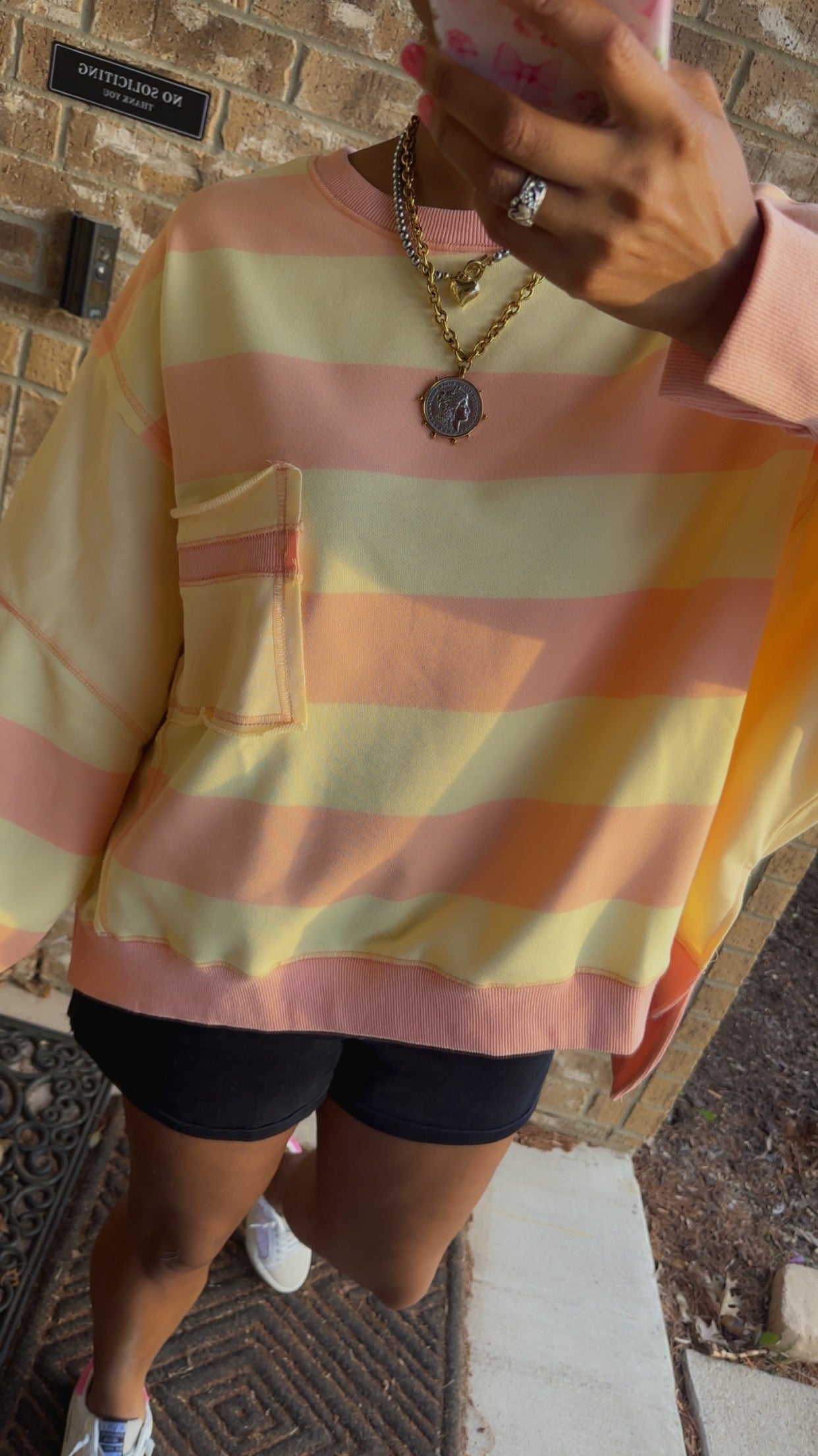 Peach & Yellow Striped Color Block Pocket Terry Sweatshirt