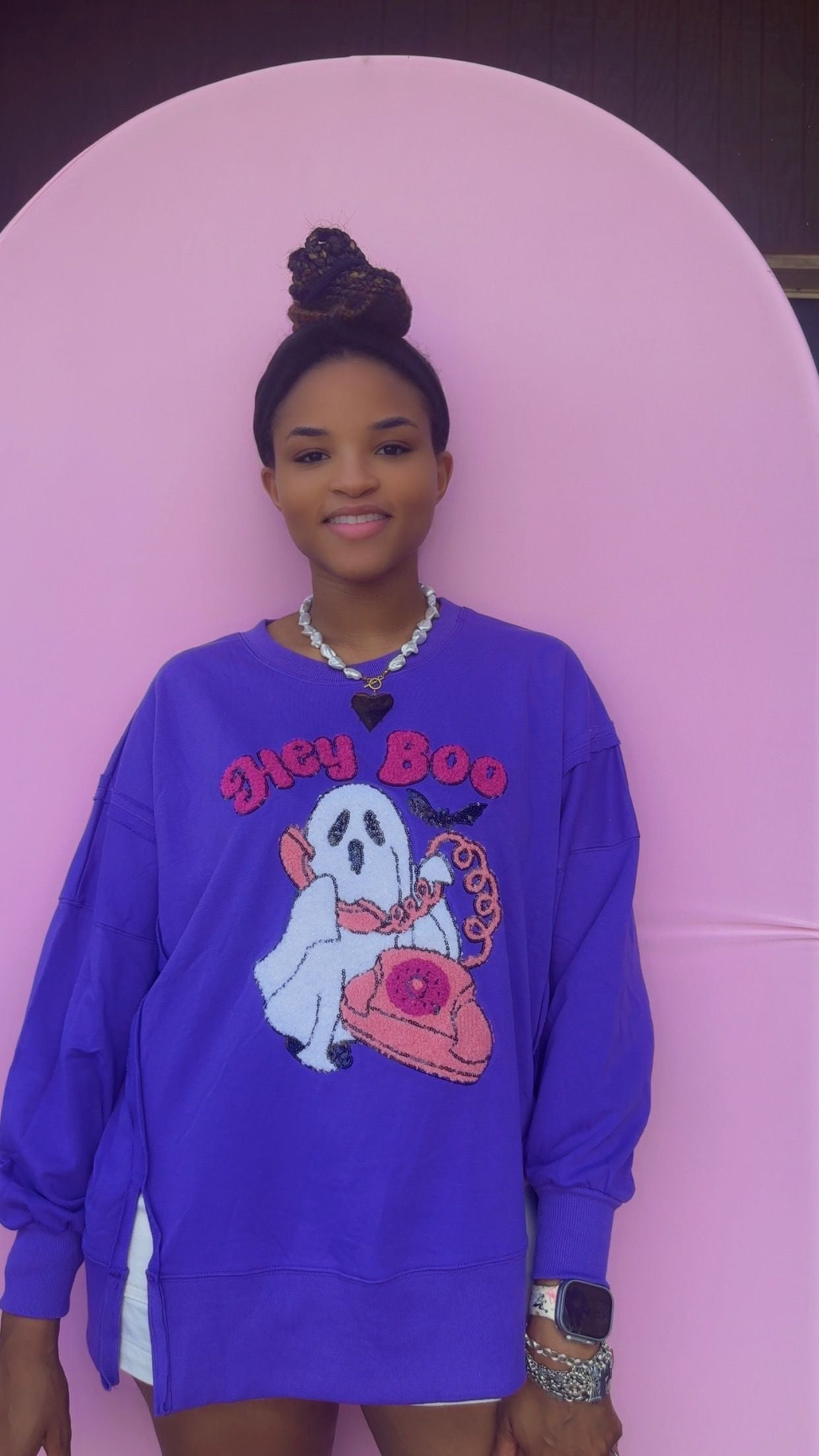 Hey Boo Towel & Sequins Embroidery Halloween Sweatshirt