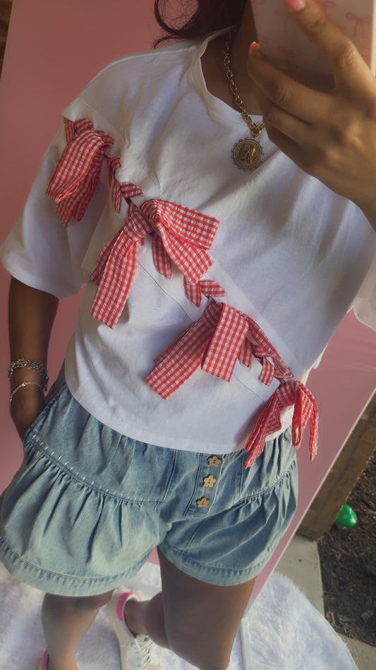 Lace Up Red Gingham Ribbon Top