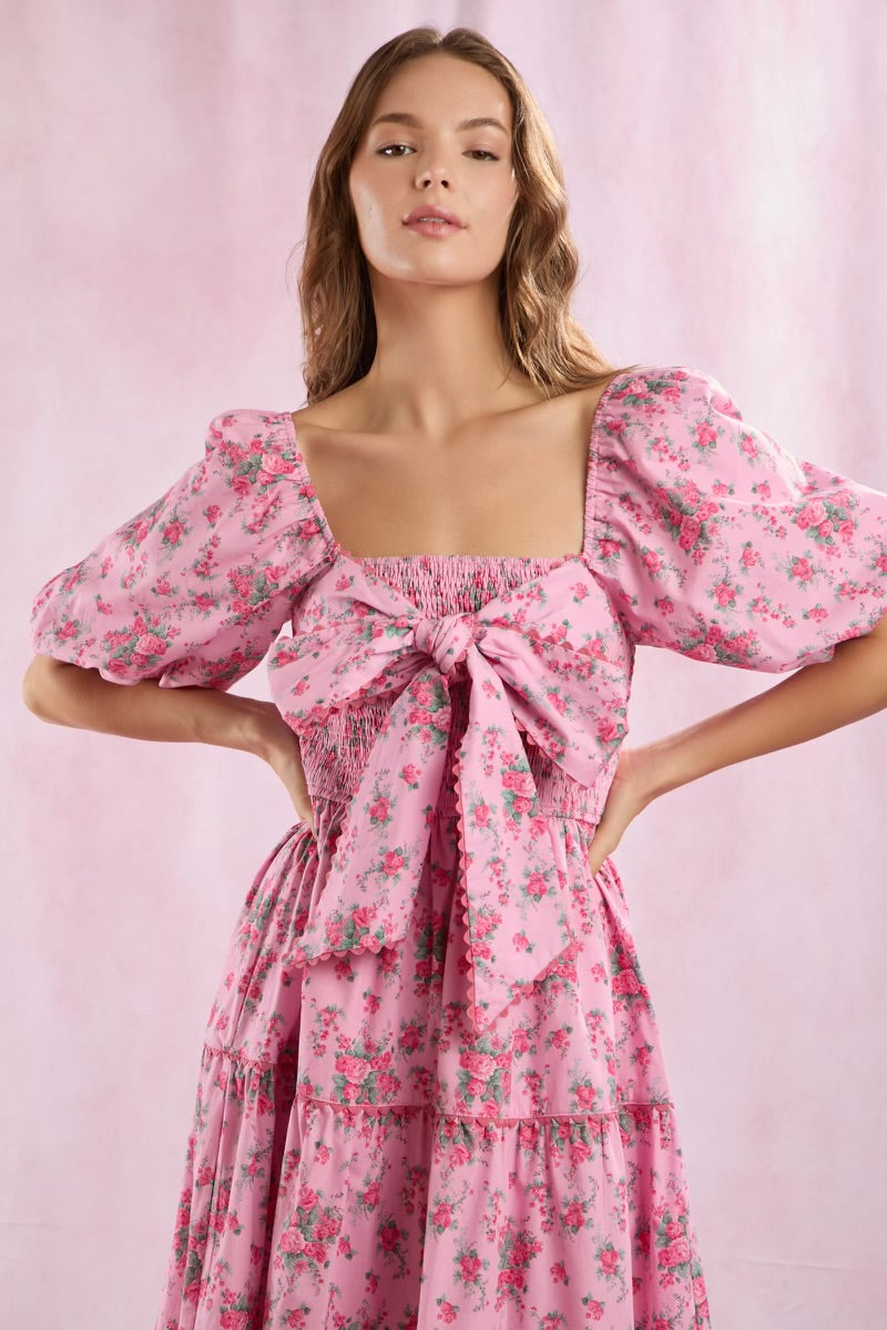 Pink Floral Printed Tiered Maxi Dress Front Bow Detail Bubble Sleeve