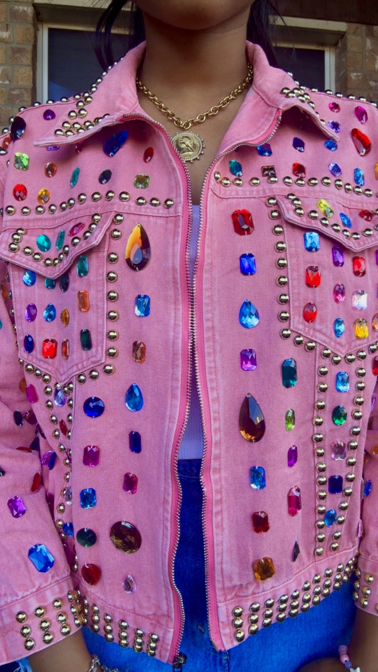 Pink Jeweled Mineral-Wash Denim Jacket