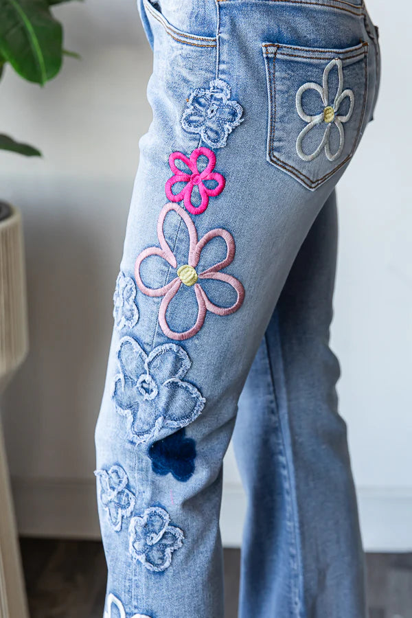Washed Flower Embroidery Denim Pants