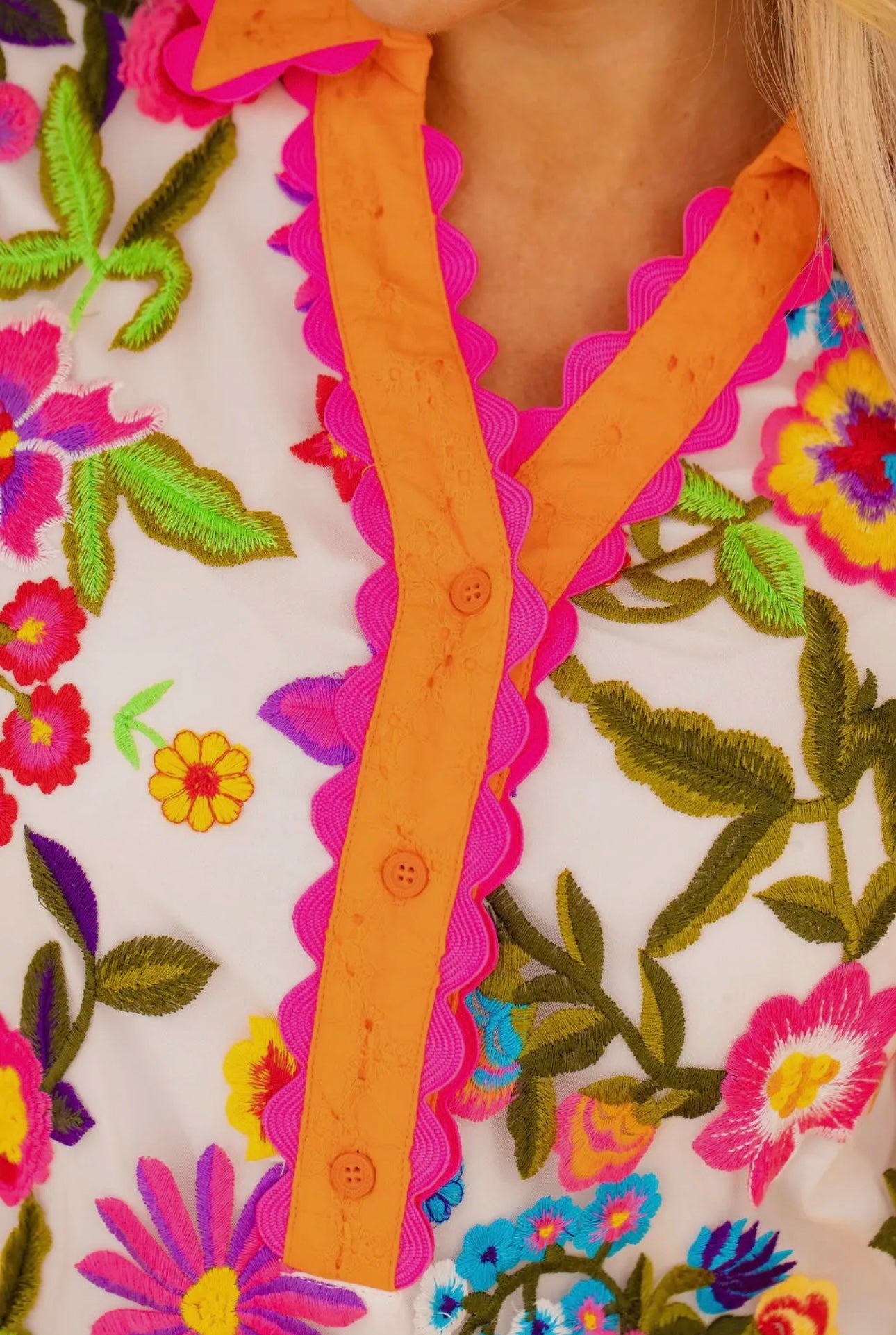 Orange Floral Embroidered Shift Dress