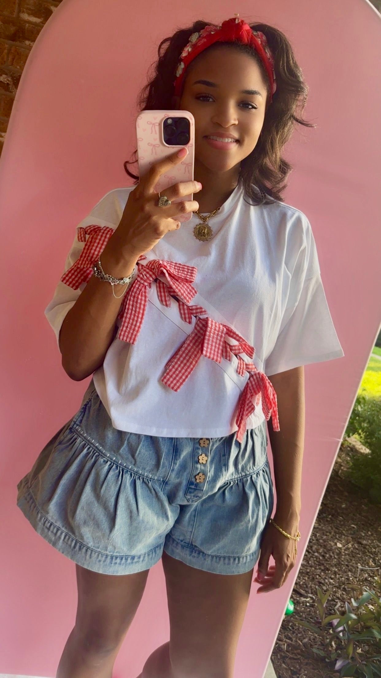 Lace Up Red Gingham Ribbon Top