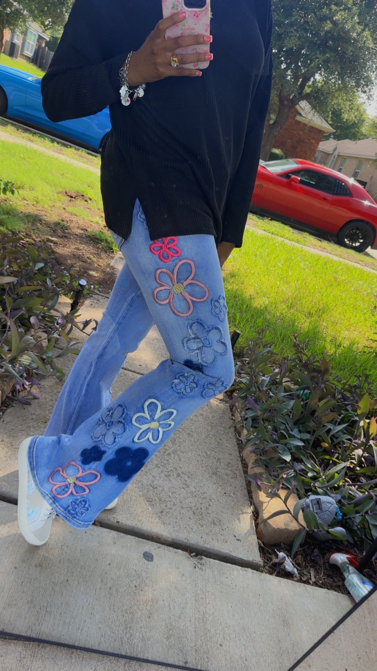 Washed Flower Embroidery Denim Pants