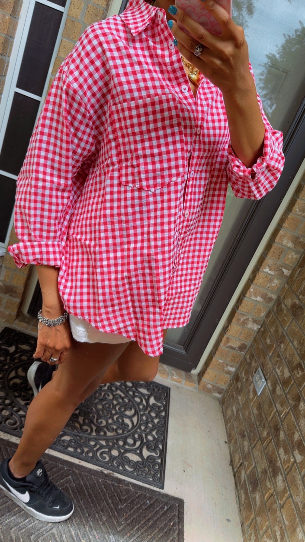 Red Gingham Long Sleeve Button Down Top