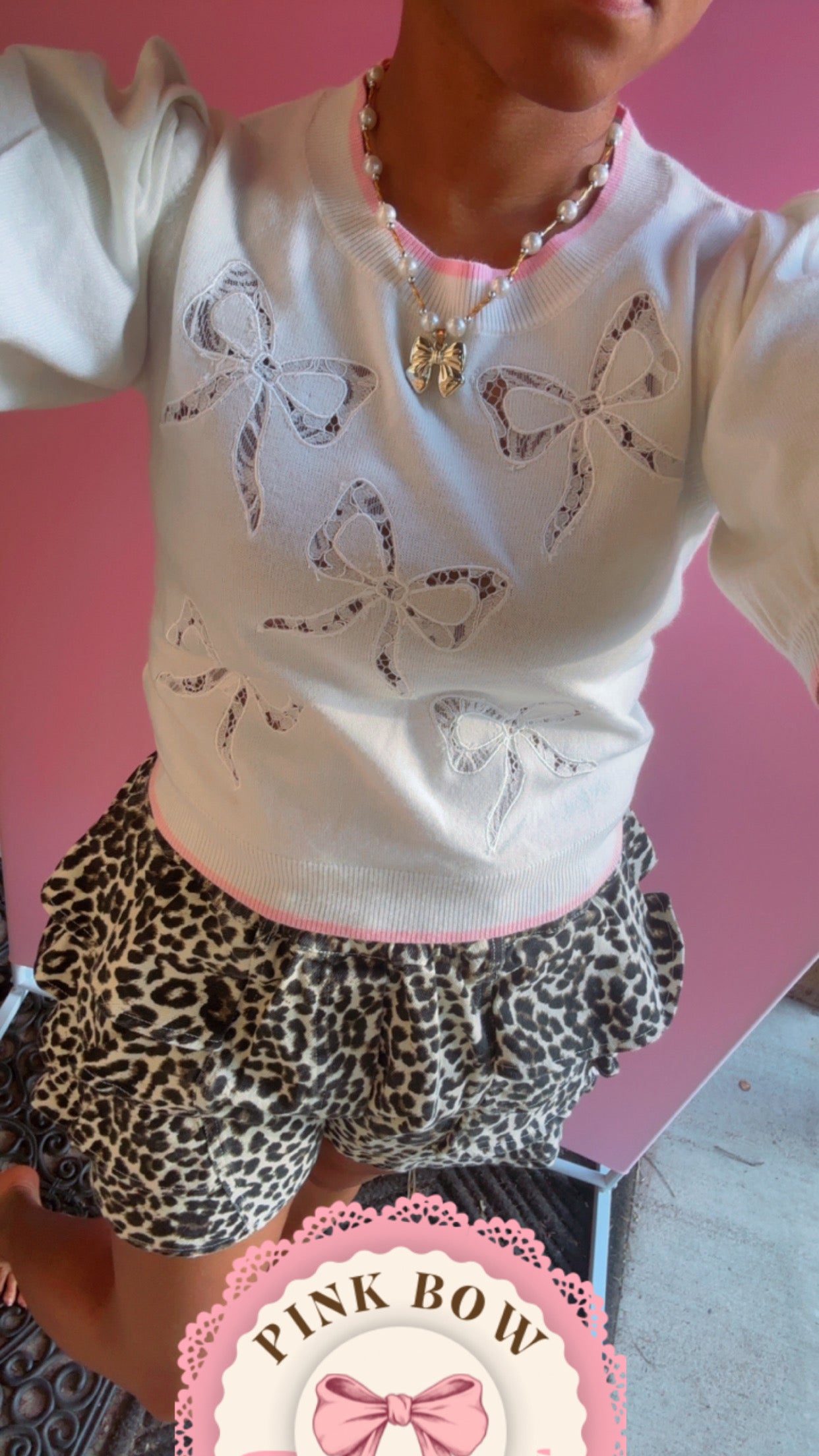 Bow Lace Laser Cut Embroidery Detail Short Sleeve Knit Top
