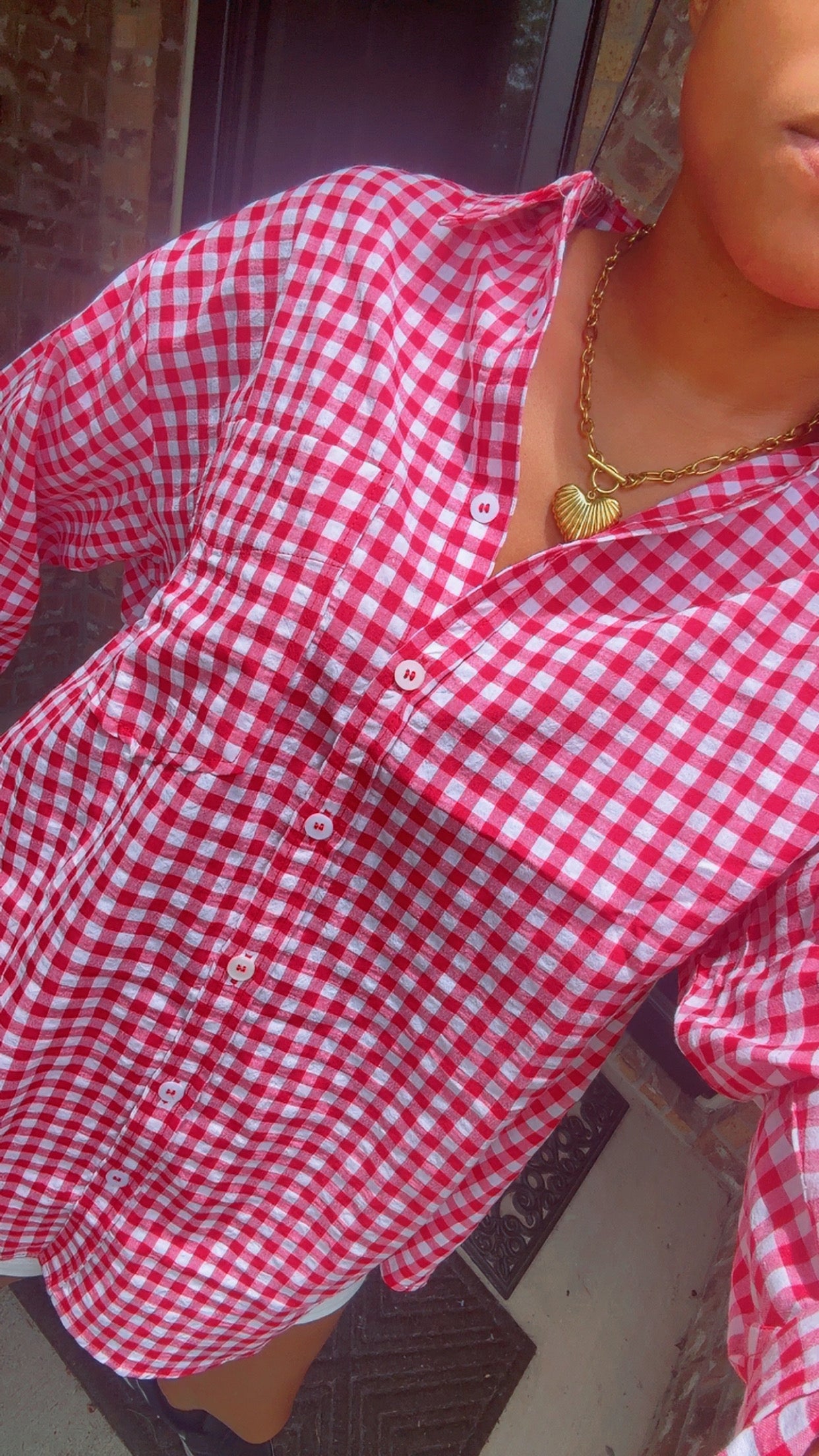 Red Gingham Long Sleeve Button Down Top