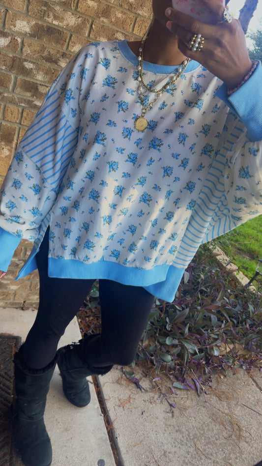 Blue Floral and Stripe Mixed French Terry Oversized Top