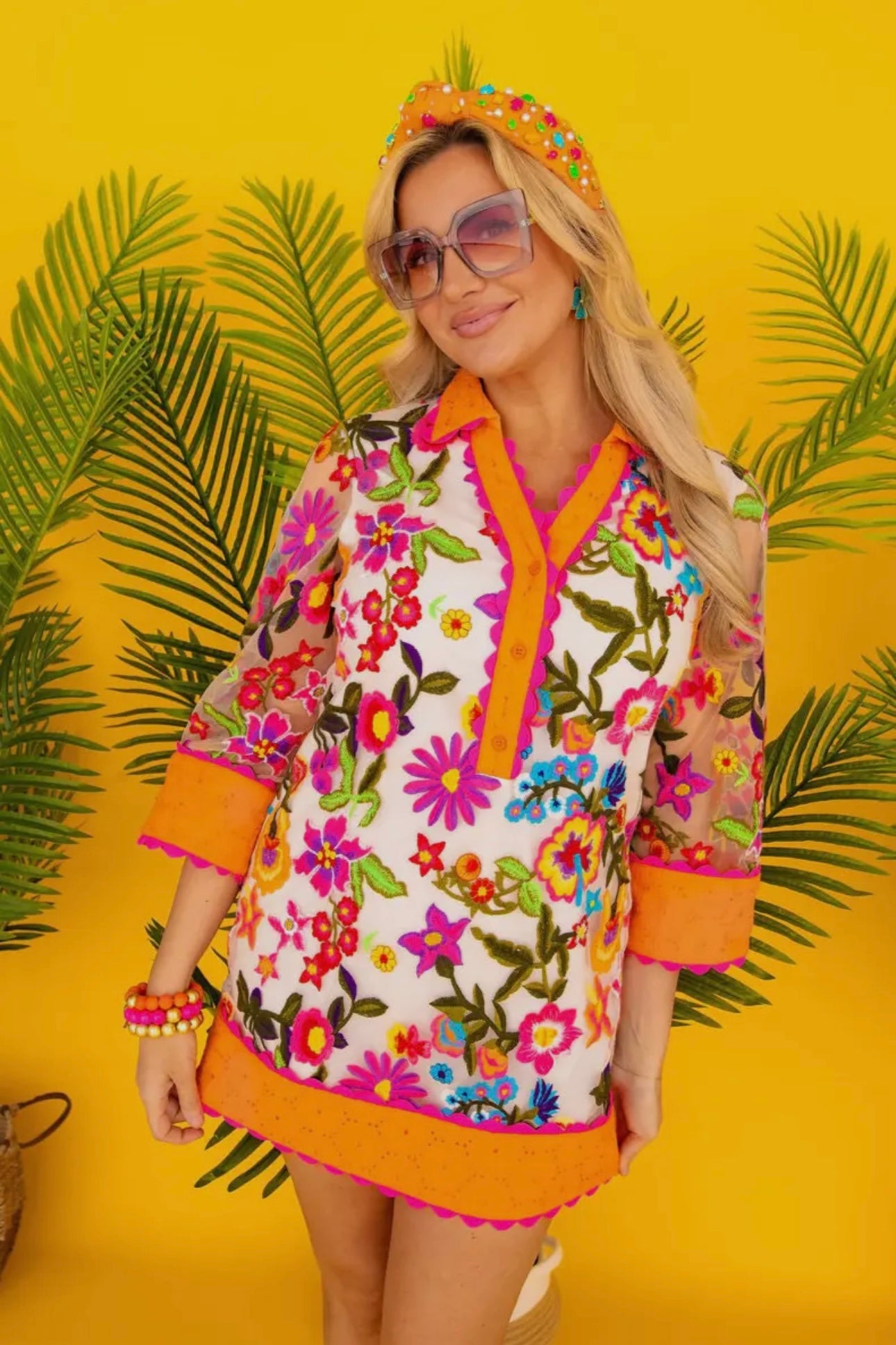 Orange Floral Embroidered Shift Dress