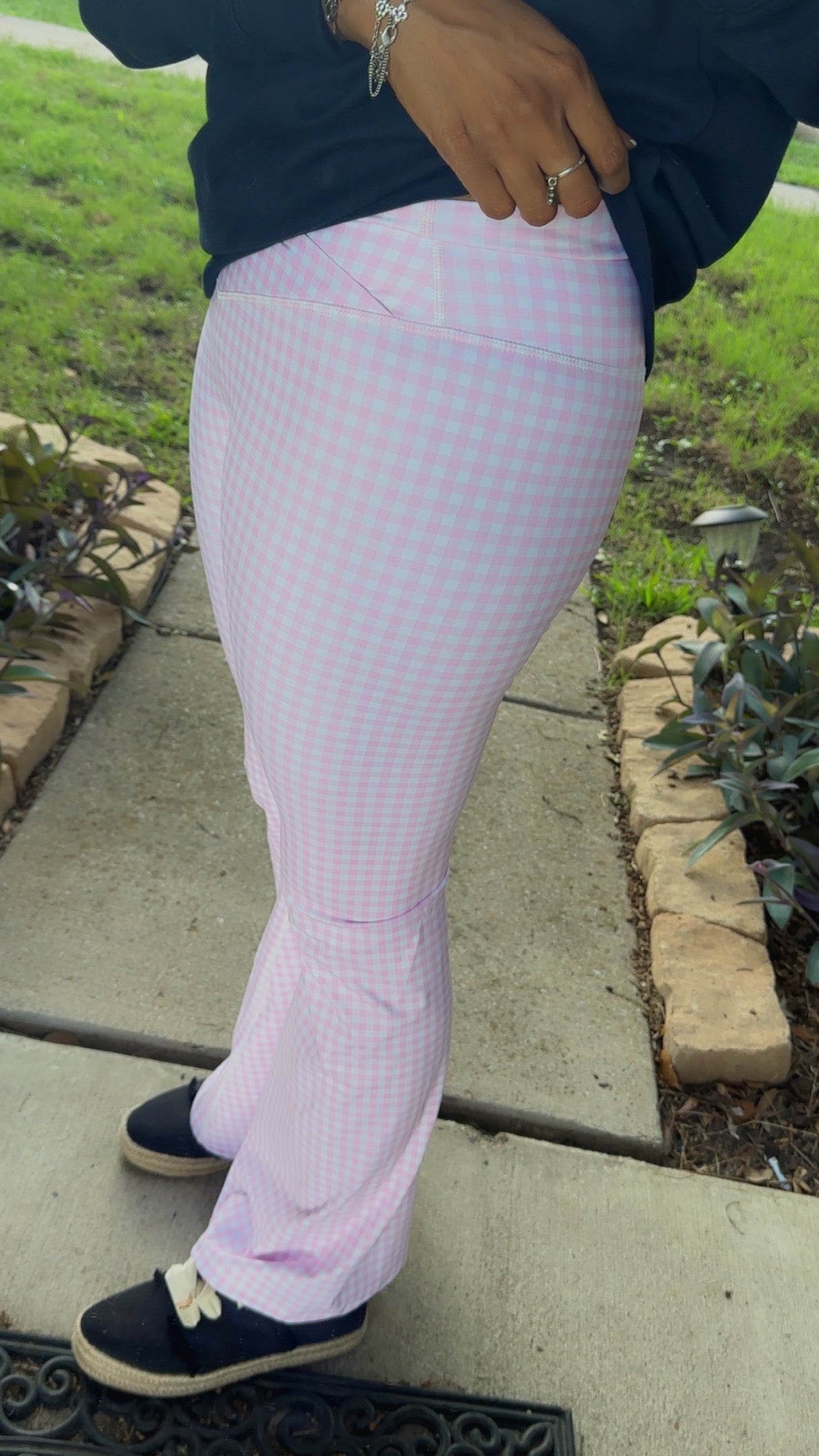 Pink Gingham High Waisted Crossover Flare Leggings