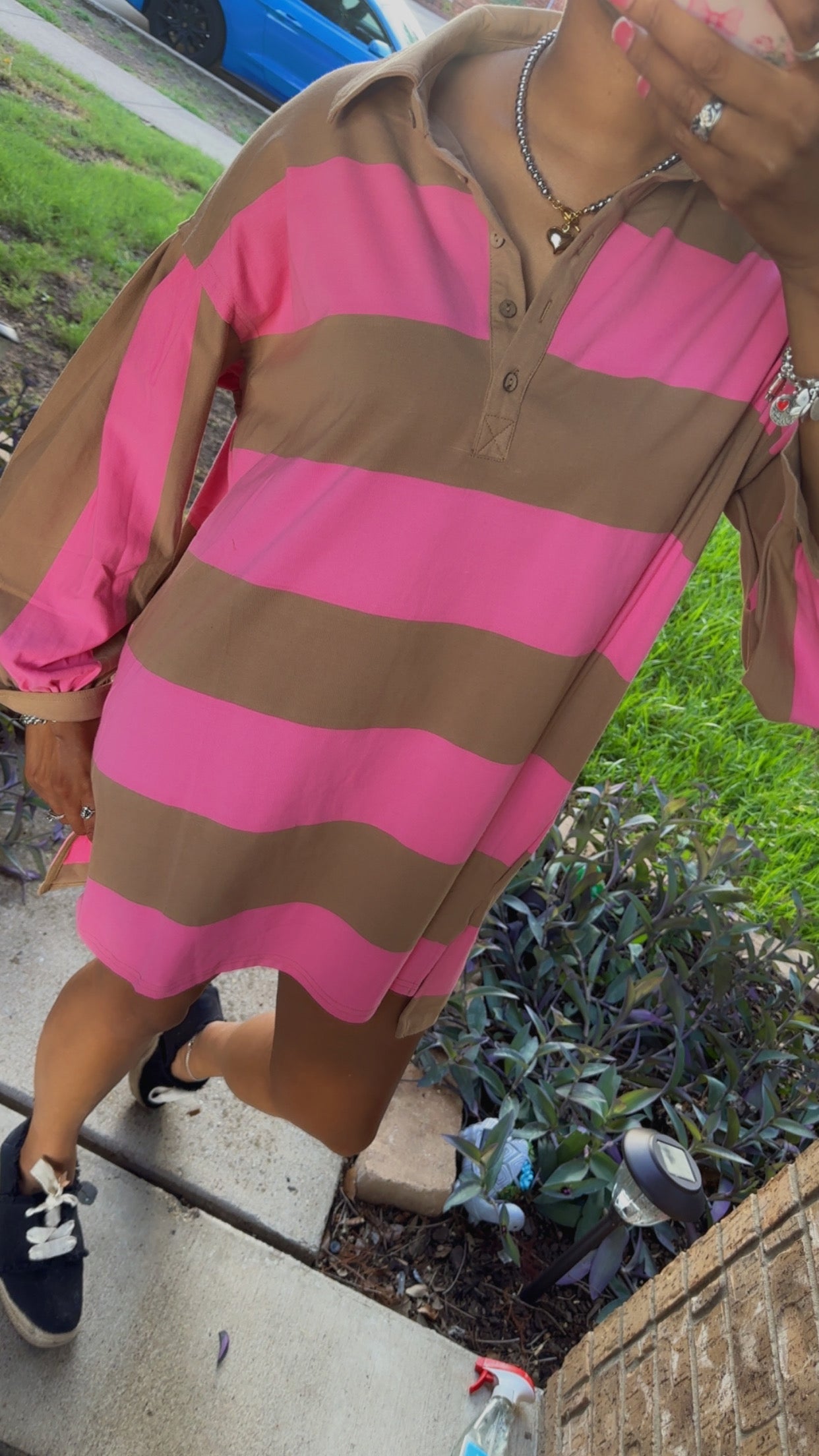 Pink & Mocha Striped Long Sleeve Oversized Dress Shirt