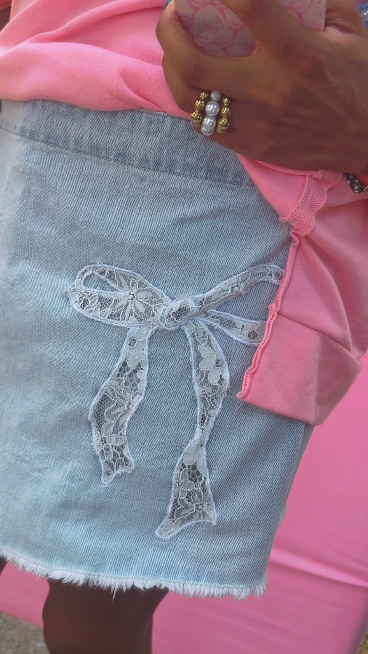 Washed Denim Bow Lace Motif Laser Cut Embroidery Detail Skort