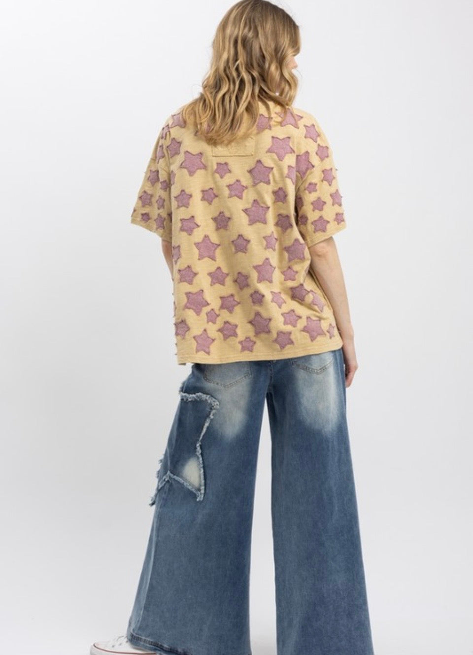 BlueVelvet Multi Size Star Patched Top in Taupe