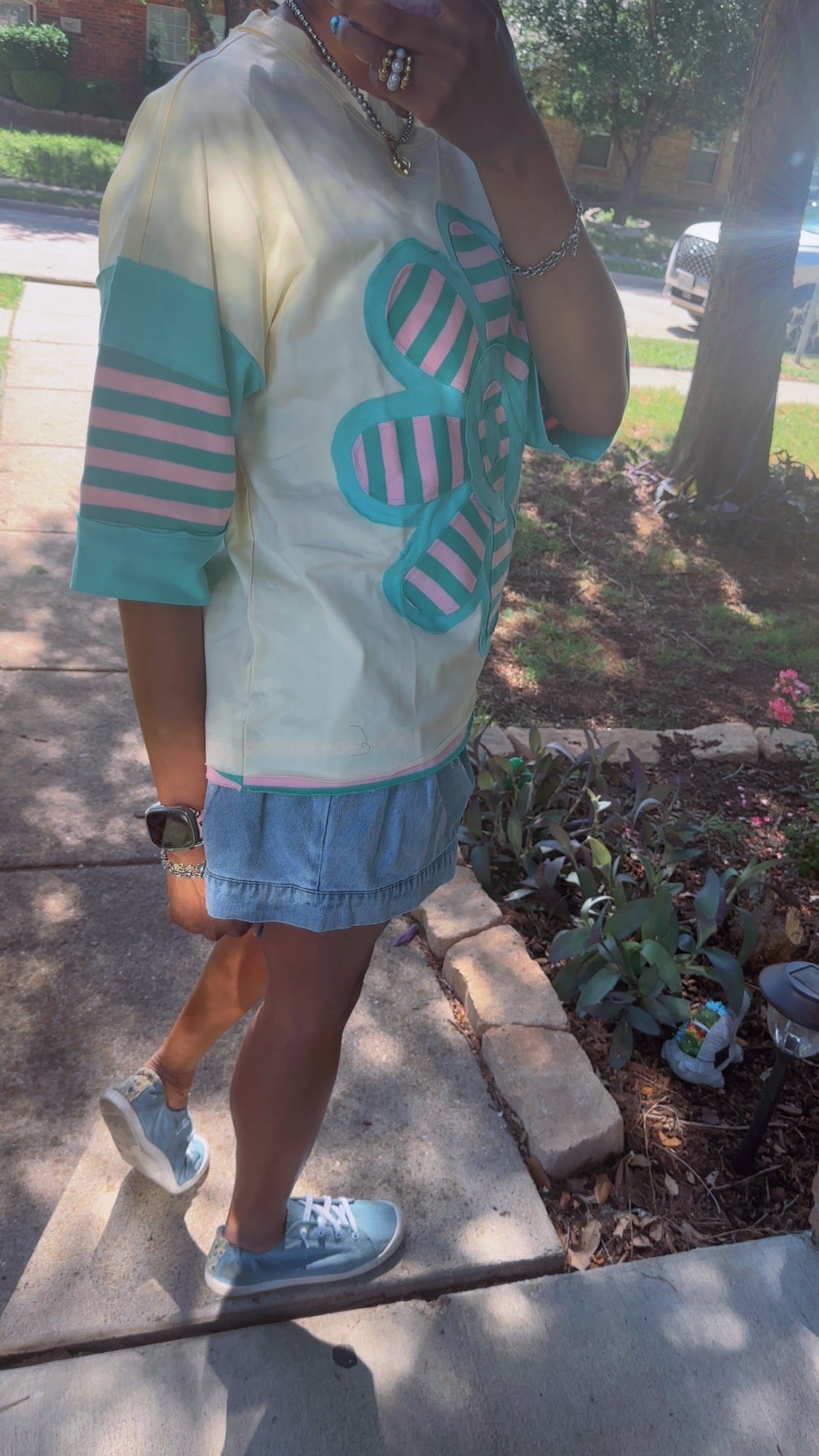 Colorblock Stripe Flower Patchwork Top