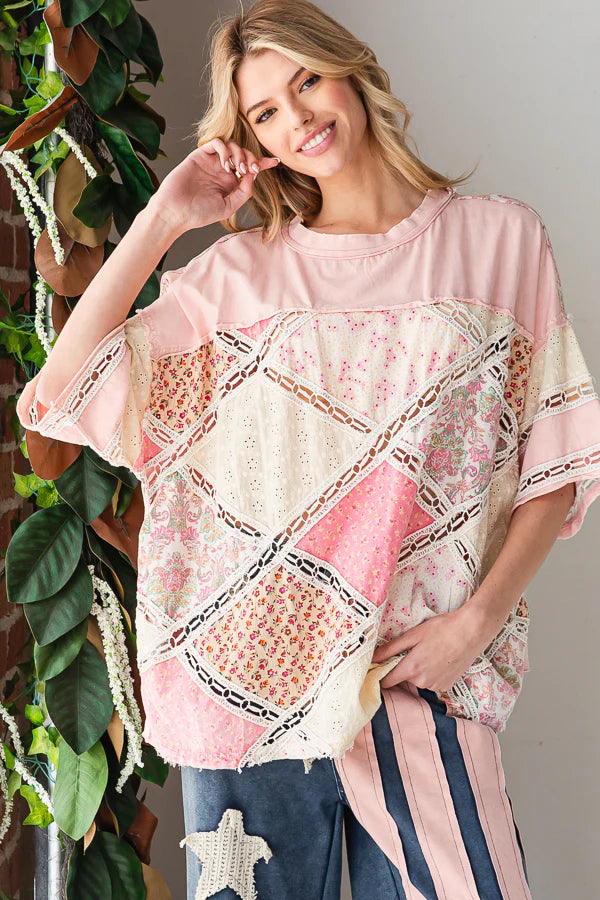Pink Patchwork Diamond Lace Box Tee