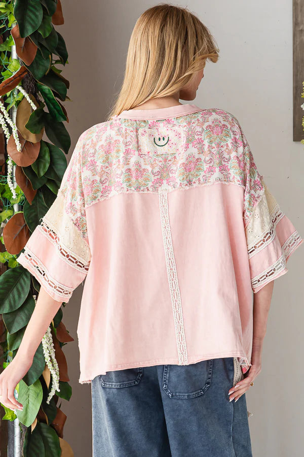 Pink Patchwork Diamond Lace Box Tee