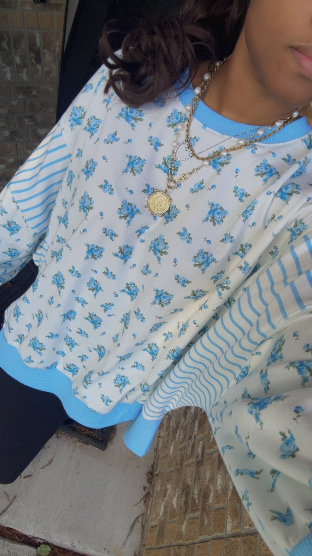 Blue Floral and Stripe Mixed French Terry Oversized Top