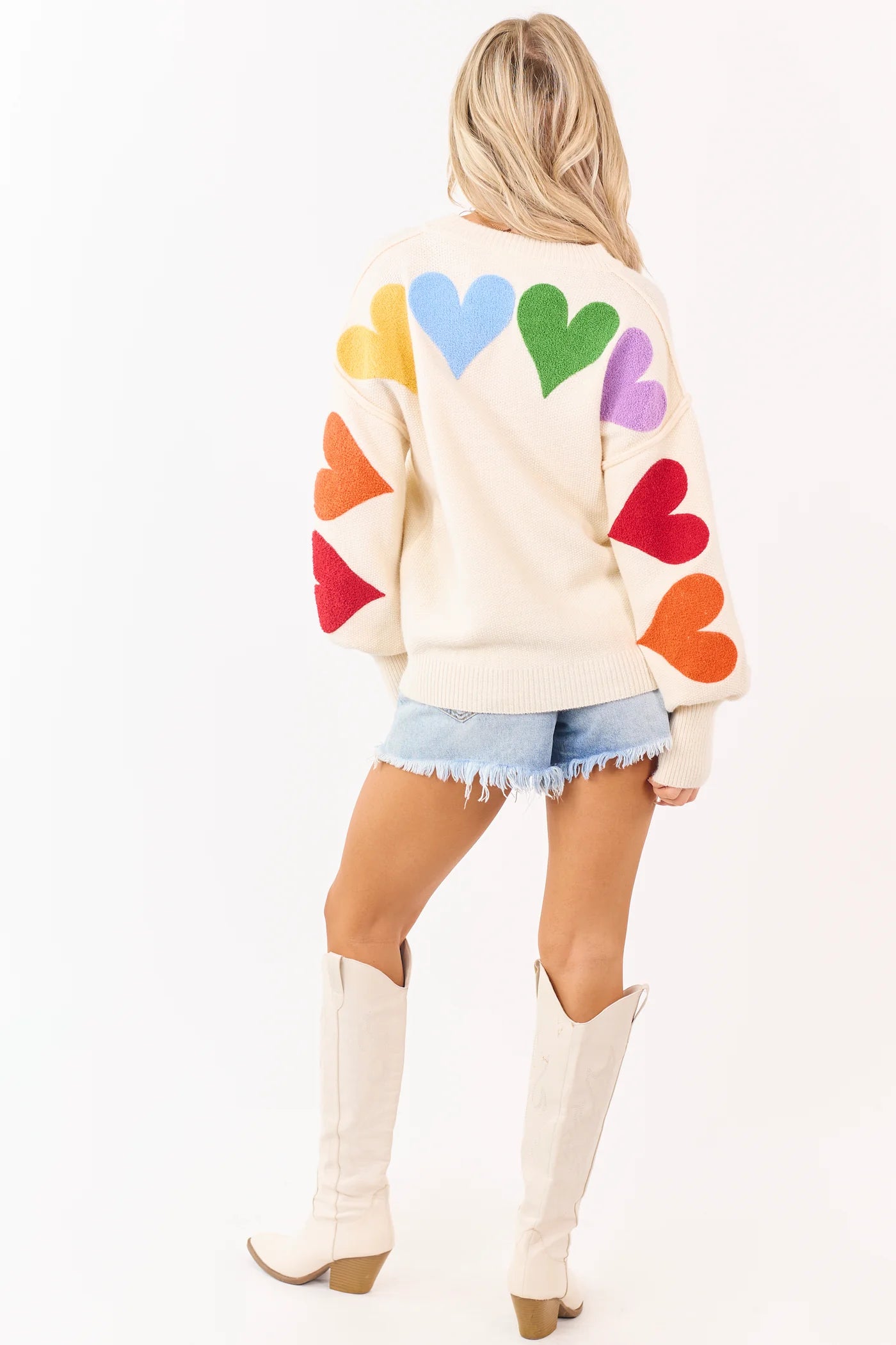 Mello Ivory Rainbow Heart Patch Relaxed Sweater