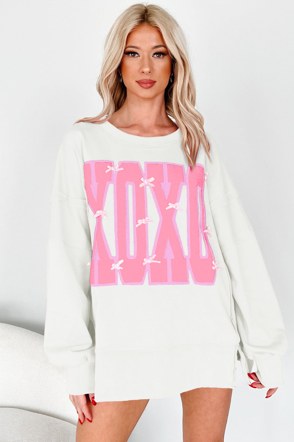 Pink & White Bow Sequin XOXO Letter Graphic Exposed Seam Baggy Sweatshirt