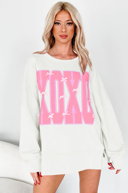 Pink & White Bow Sequin XOXO Letter Graphic Exposed Seam Baggy Sweatshirt