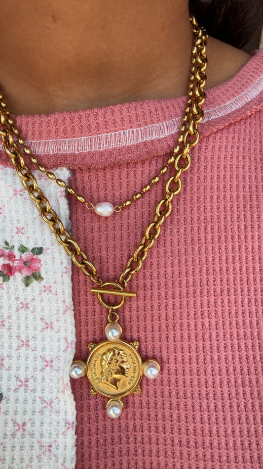 Gold Pearl Coin Necklace