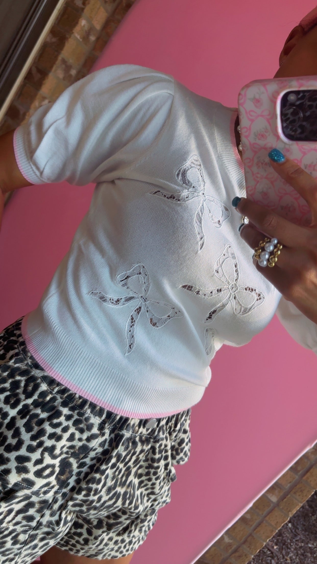 Bow Lace Laser Cut Embroidery Detail Short Sleeve Knit Top
