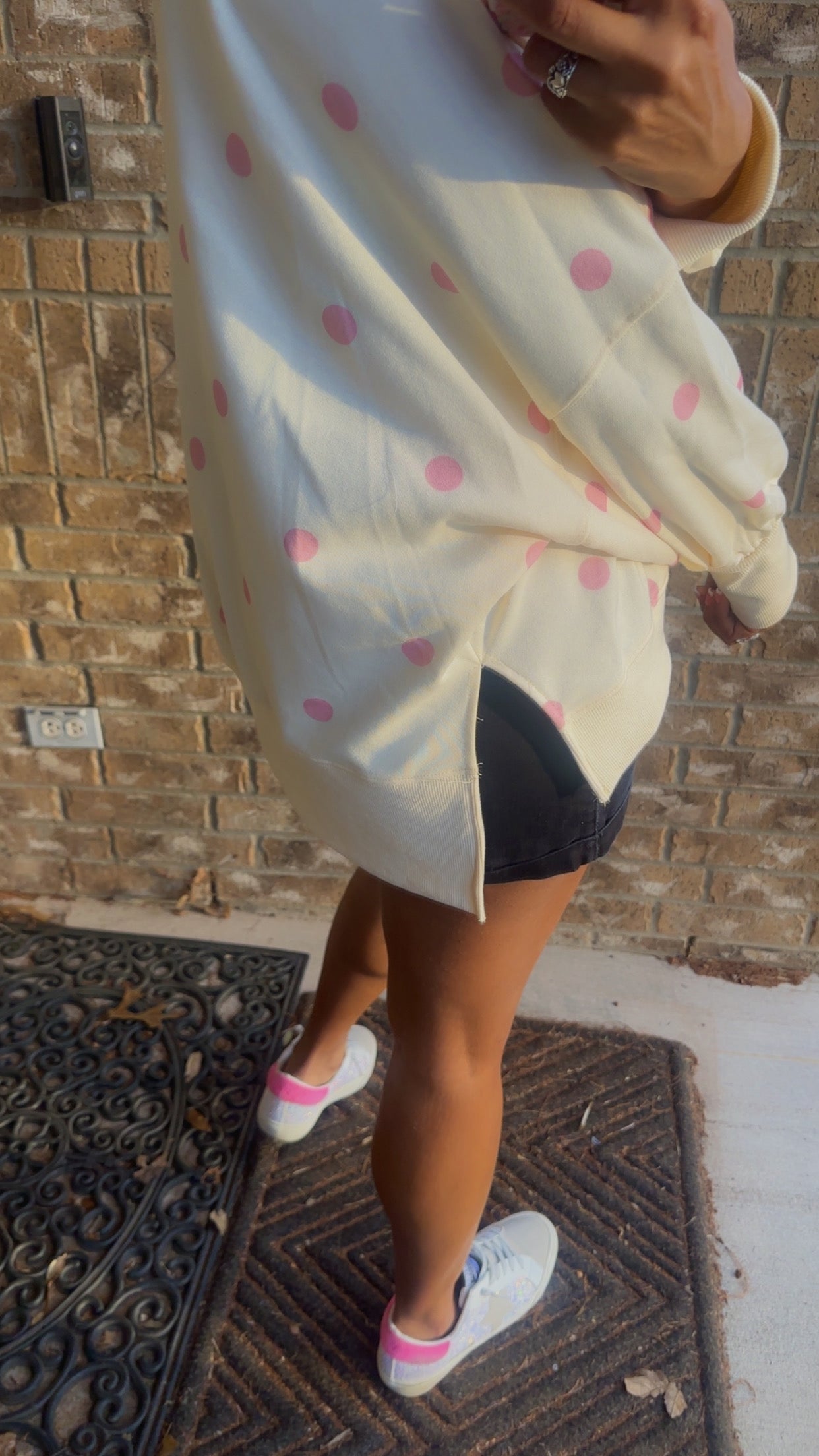 Ivory & Pink Polka Dot Print French Terry Oversized Sweatshirt