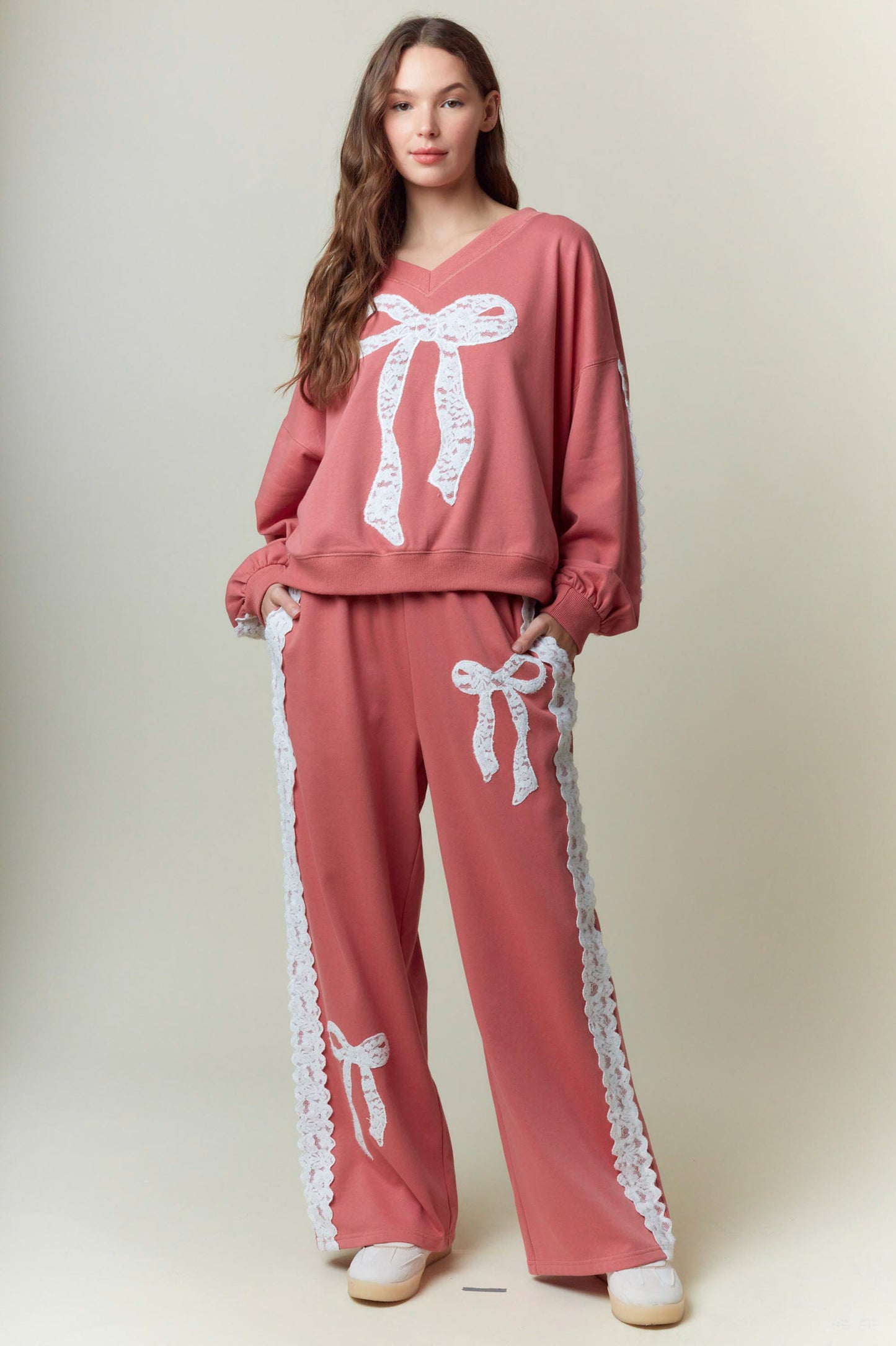 V-Neck Bow Lace Laser Cut Embroidery Detail Set