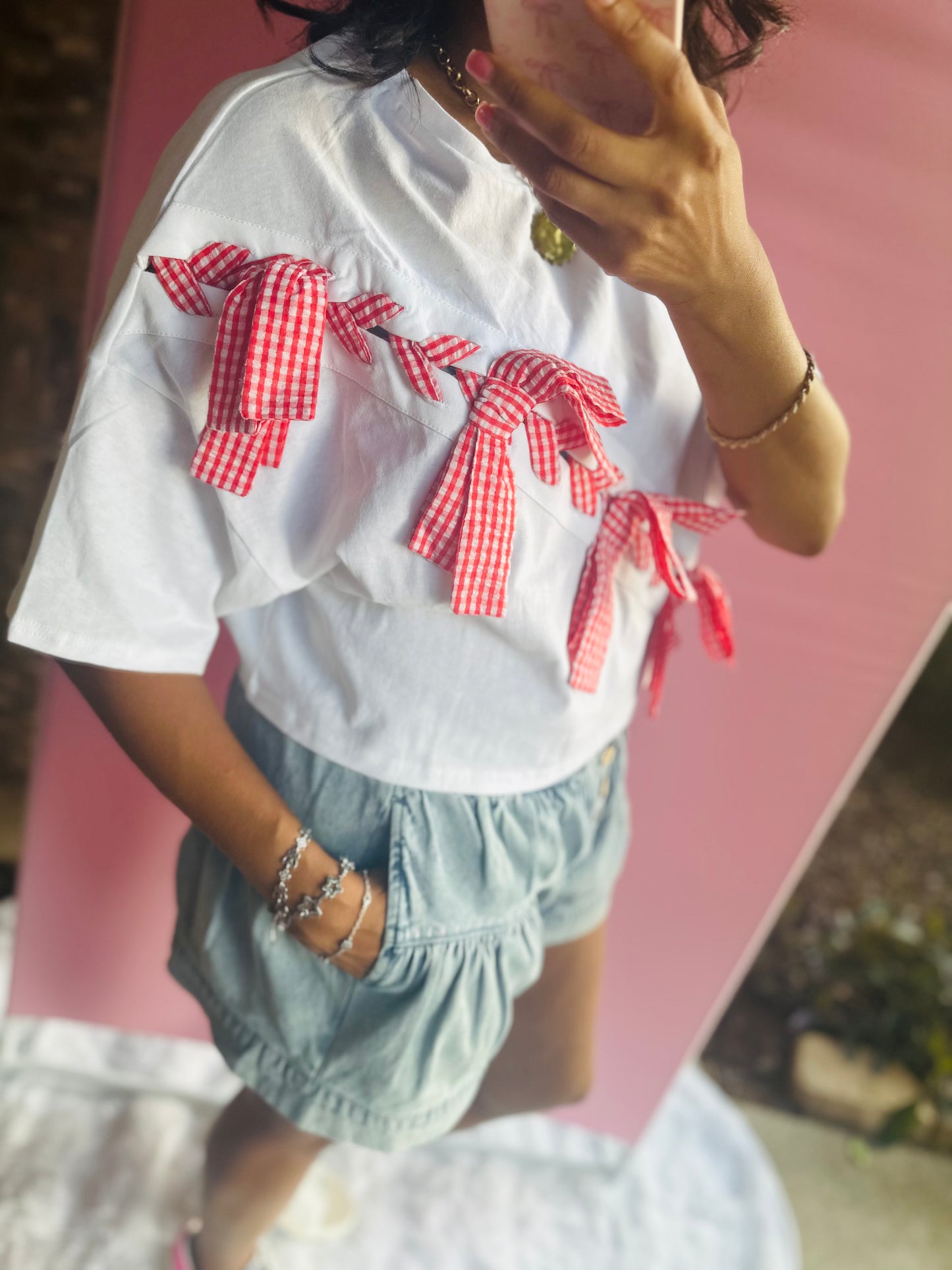 Lace Up Red Gingham Ribbon Top