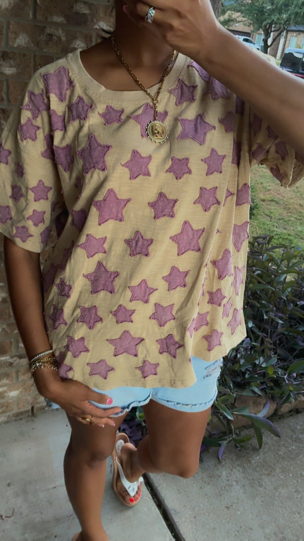 BlueVelvet Multi Size Star Patched Top in Taupe