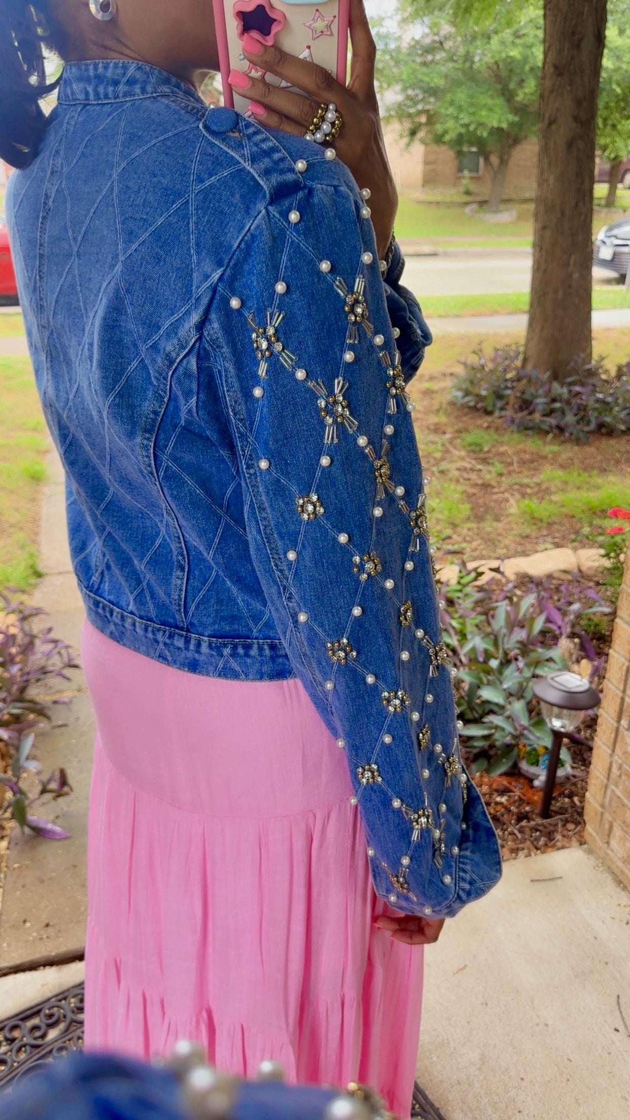 Pearl & Rhinestone Embellished Denim Jacket